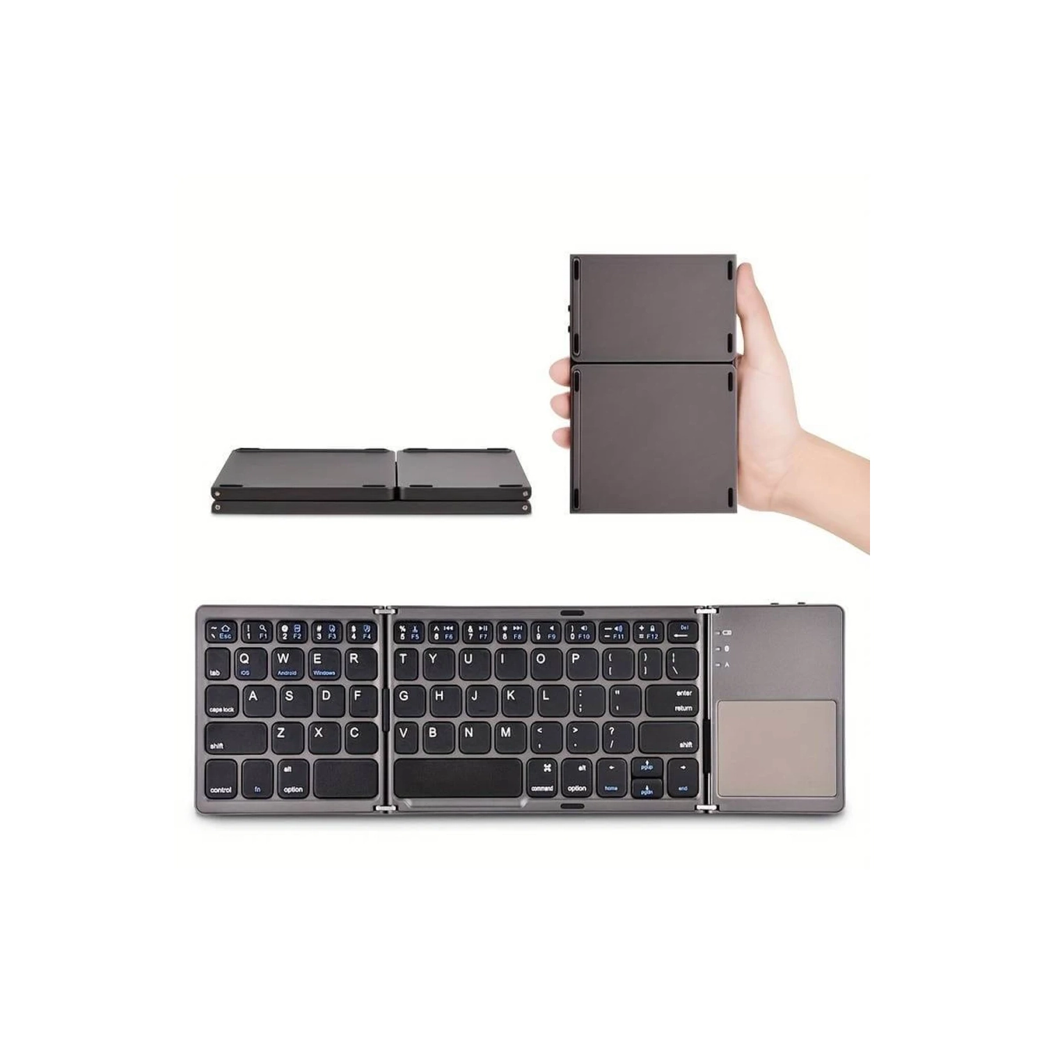 Wireless Folding Keyboard with Touchpad for Windows, Android, iOS. Multi-functional buttons, compact design. Effortless typing on phones and tablets