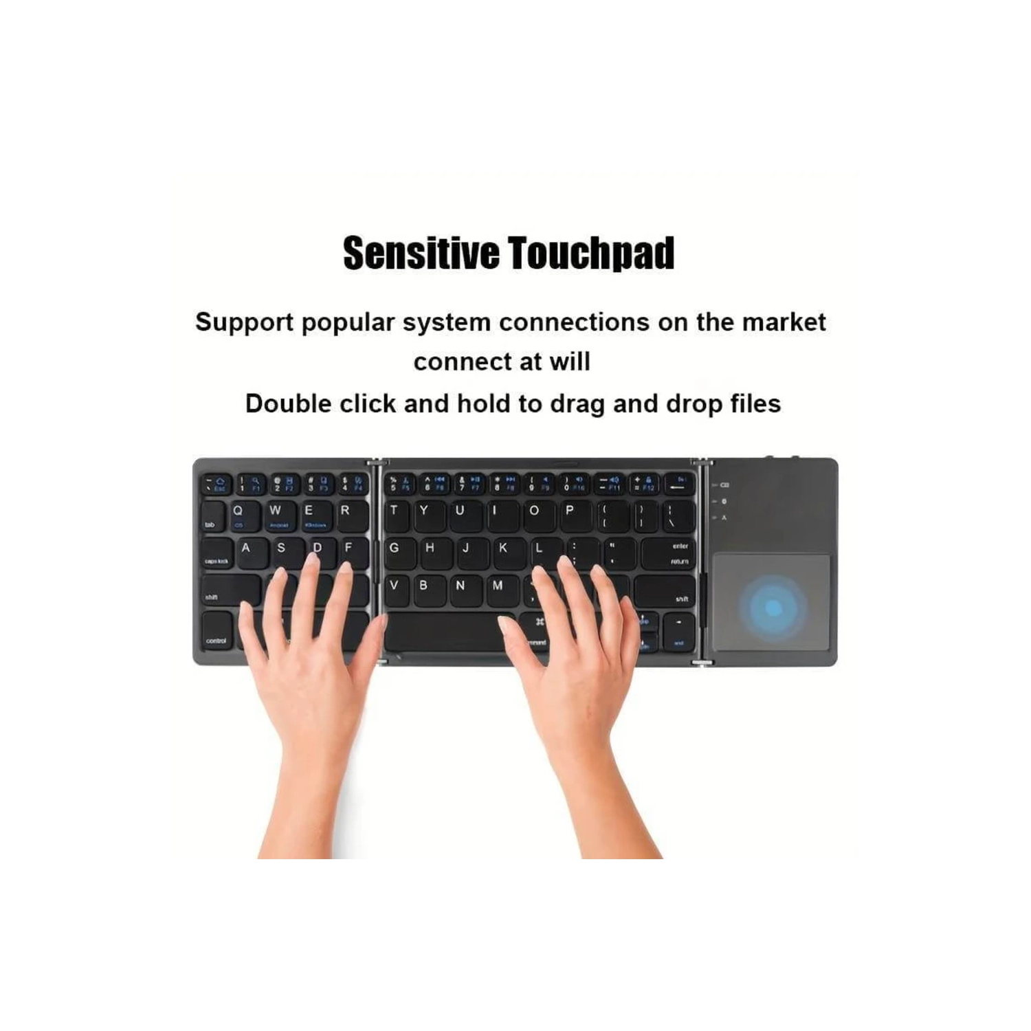 Wireless Folding Keyboard with Touchpad for Windows, Android, iOS. Multi-functional buttons, compact design. Effortless typing on phones and tablets