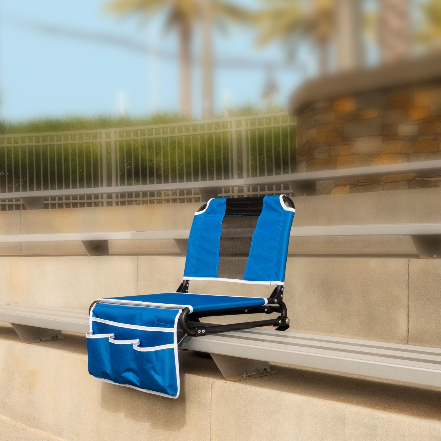 21" Blue and Black Outdoor Folding Bleacher Chair