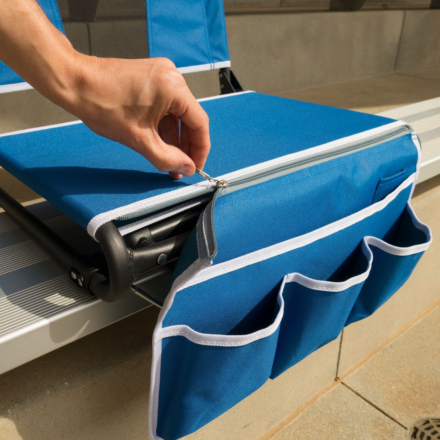 21" Blue and Black Outdoor Folding Bleacher Chair