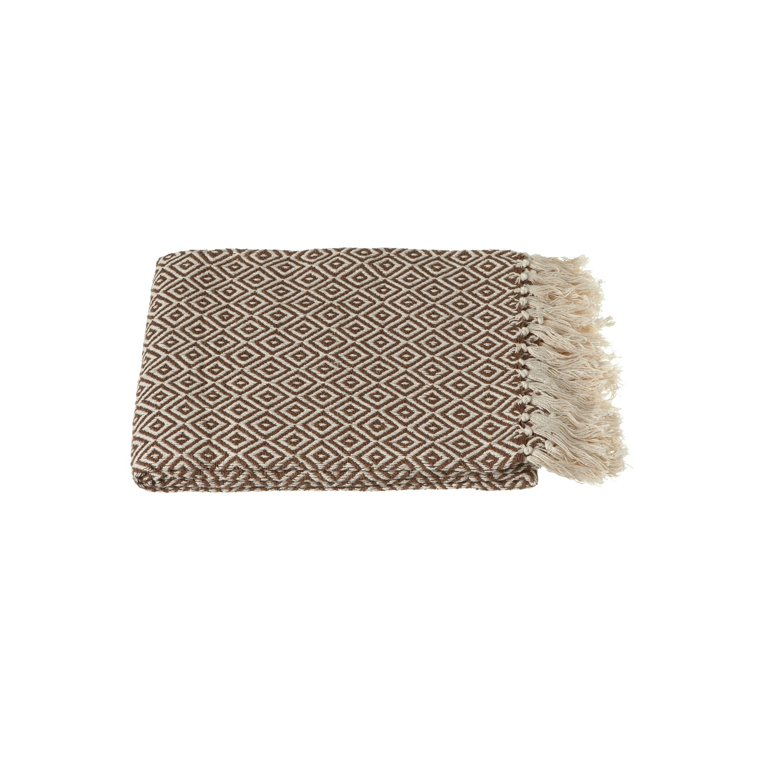 Set of 2 Brown and Cream White Cotton Diamond Fringed Throw Blankets 50" x 60"