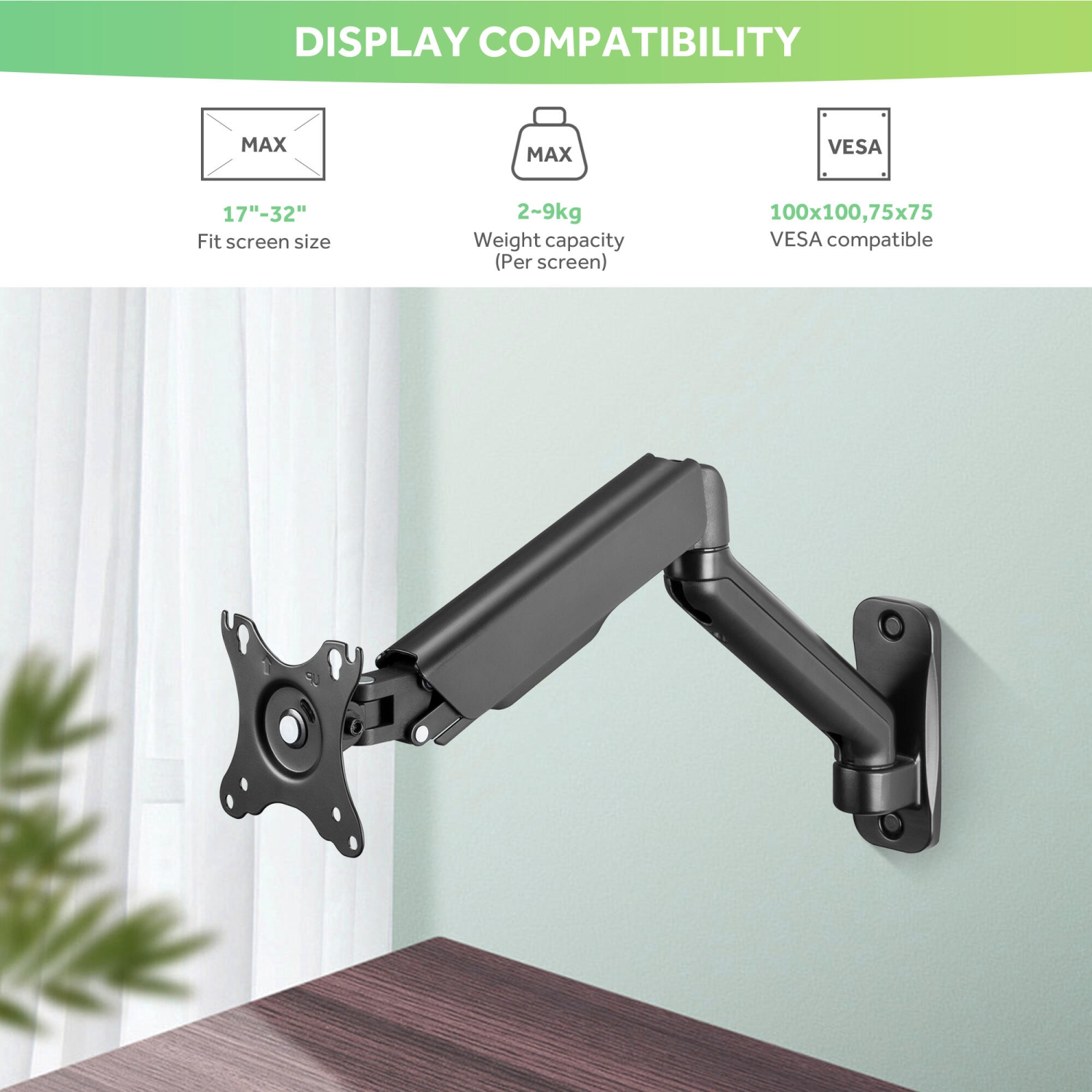 17"-32" Single Arm Wall Monitor Mount with High Load Up To 20lbs,Wall Mount Bracket Adjustable Gas Spring Single Arm Stand Max VESA 200x200mm