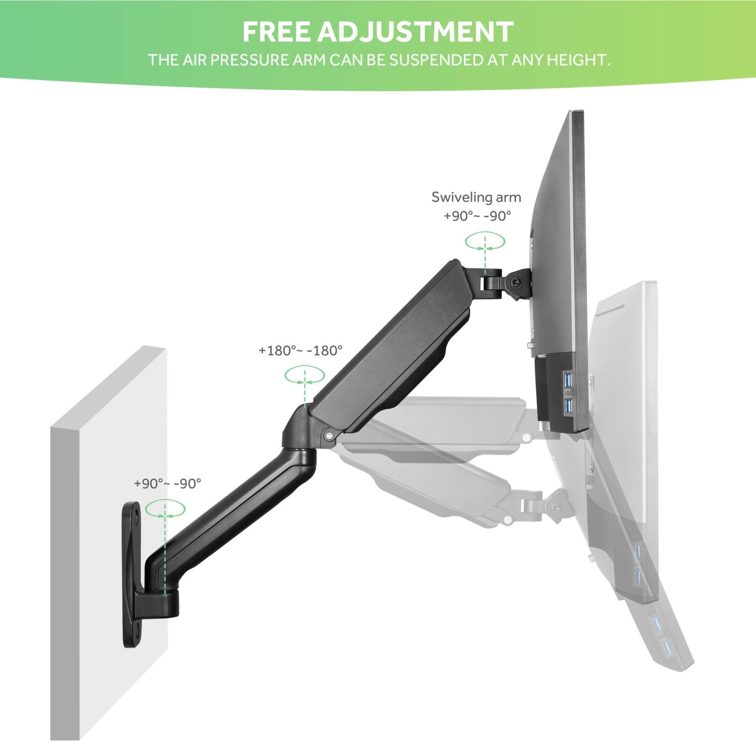 Rife Single Monitor Wall Mount Arm, VESA Wall Mount Monitor Arm, Full  Motion Gas Spring Arm Fits 17 to 32 Inch Screens with 75 or 100 VESA  Patterns