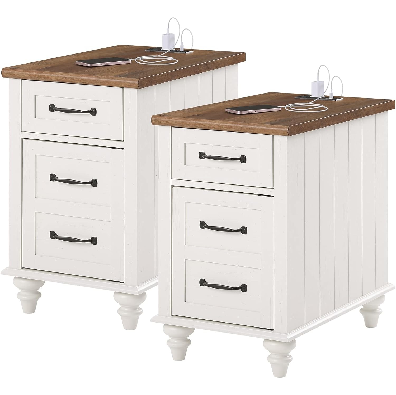 Wampat End Table with Charging Station Set of 2, Farmhouse Side Table with Storage Drawer and Cabinet,2 Power outlets & 2 USB Ports for Living Room,