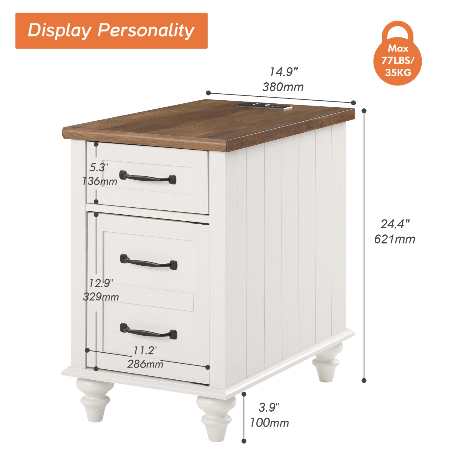 Wampat End Table with Charging Station Set of 2, Farmhouse Side Table with Storage Drawer and Cabinet,2 Power outlets & 2 USB Ports for Living Room,