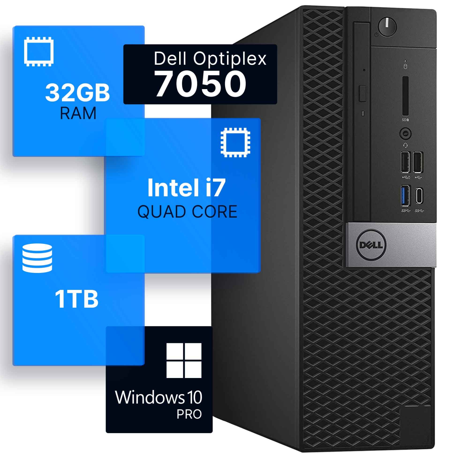 Refurbished (Good) - Dell Optiplex 7050 Desktop Computer | Quad Intel i7 (3.4) Gen 6 | 32GB DDR4 RAM | 1TB SSD | Windows 10 Professional | Built-in Wi-Fi AX200