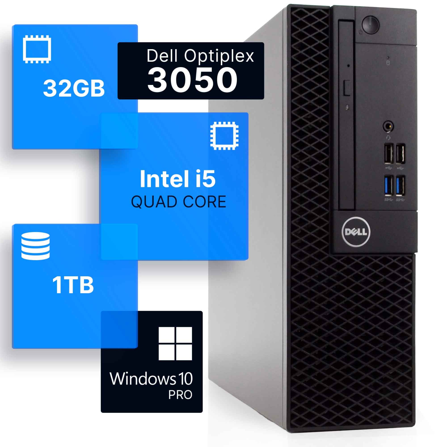 Refurbished (Good) - Dell Optiplex 3050 Desktop Computer | Quad Intel i5 (3.2)Gen 7 | 32GB DDR4 RAM | 1TB SSD | Windows 10 Professional | Built-in Wi-Fi AX200