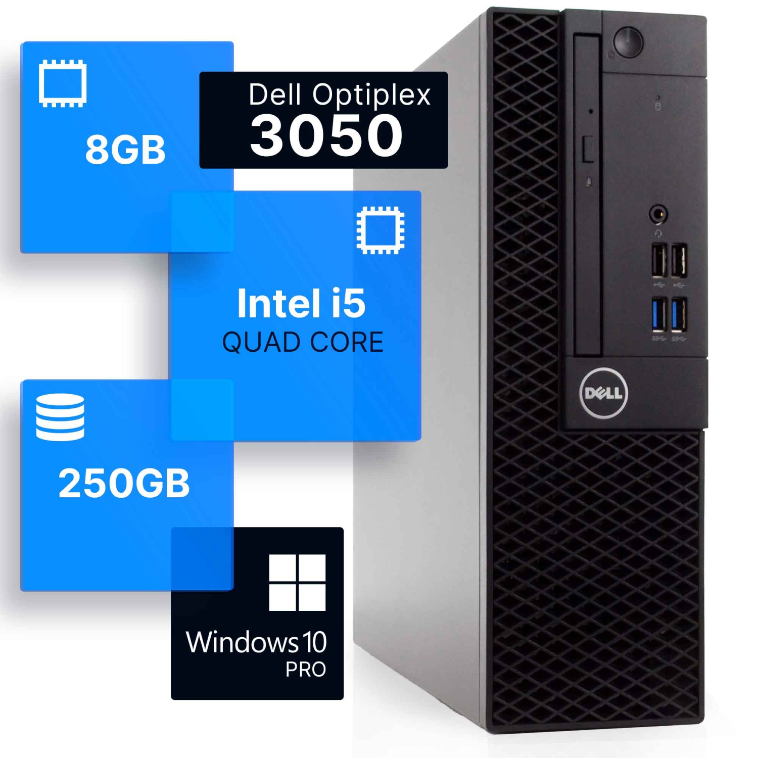 Refurbished (Good) - Dell Optiplex 3050 Desktop Computer | Quad Intel i5 (3.2) Gen 7 | 8GB DDR4 RAM | 250GB SSD | Windows 10 Professional | Built-in Wi-Fi AX200