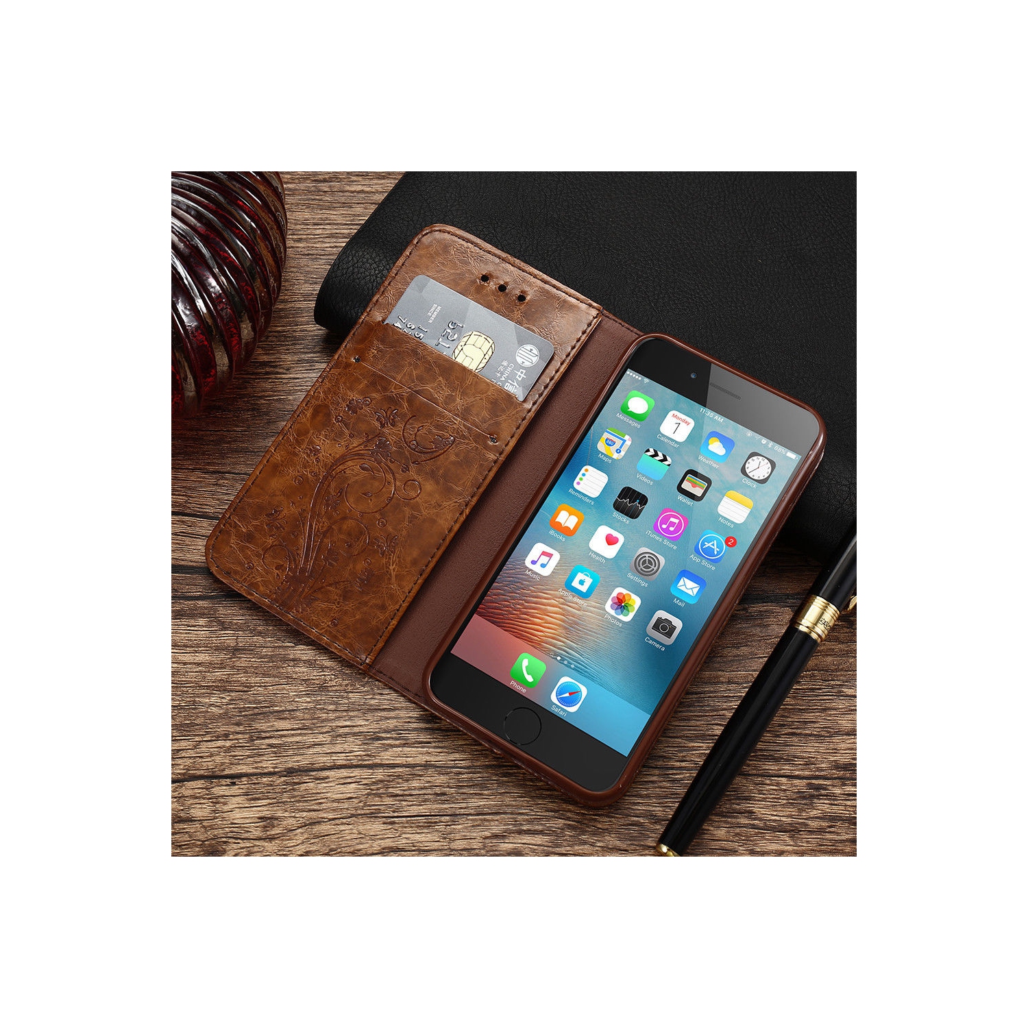 Leather Wallet Case Embossed design for iPhone 13 Pro, with Card Slots Leather Flip Phone Case Cover kickstand