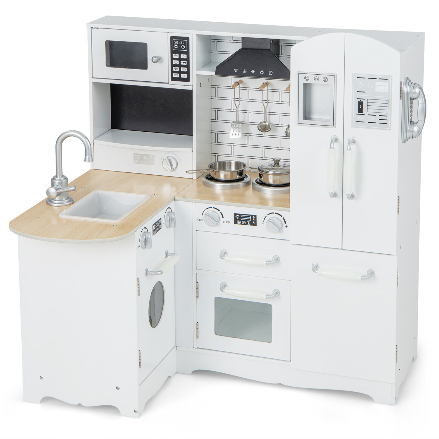 Gymax Kid's Corner Kitchen Playset Wooden Chef Play w/ Stove Utensils & Refrigerator