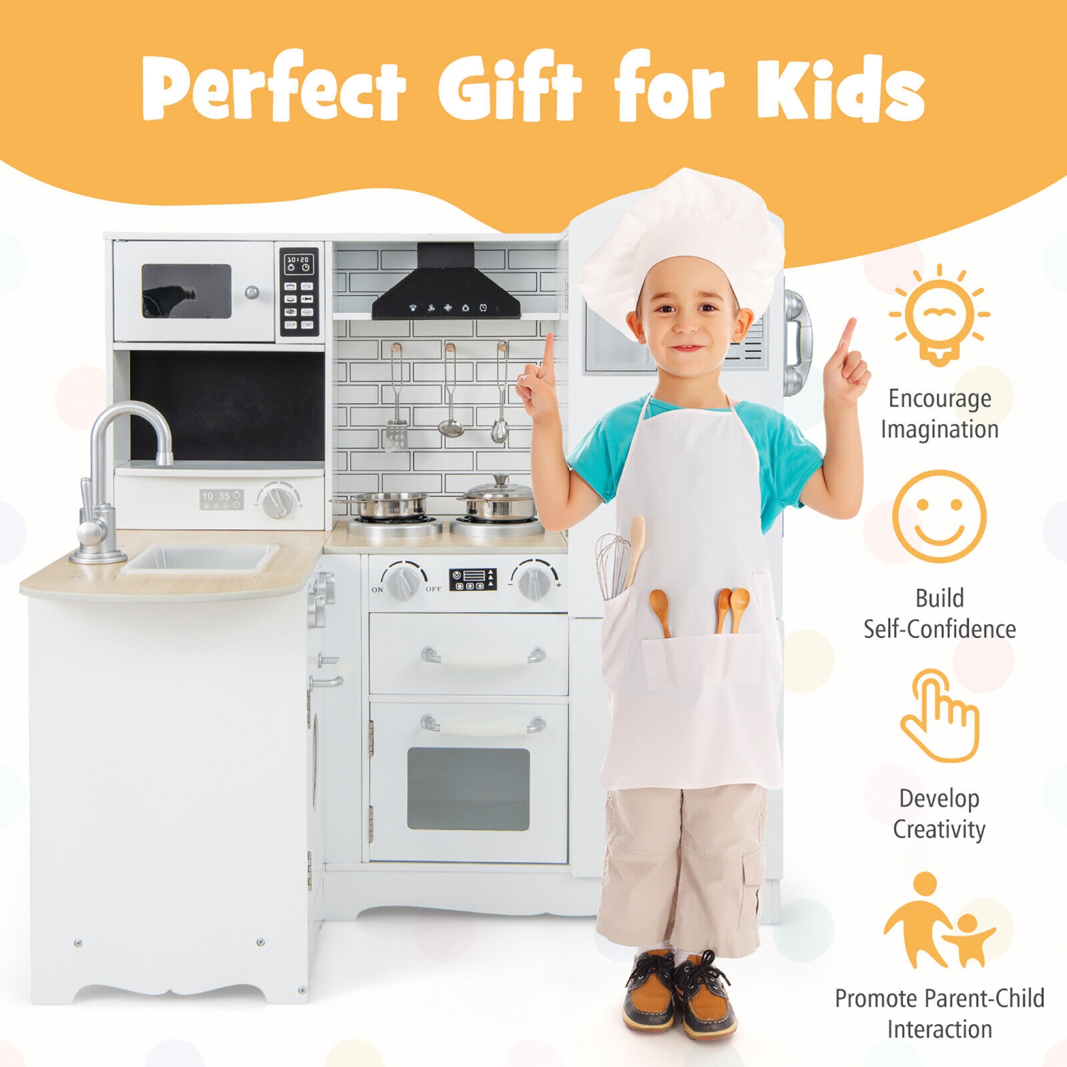 Gymax Kid's Corner Kitchen Playset Wooden Chef Play w/ Stove Utensils & Refrigerator