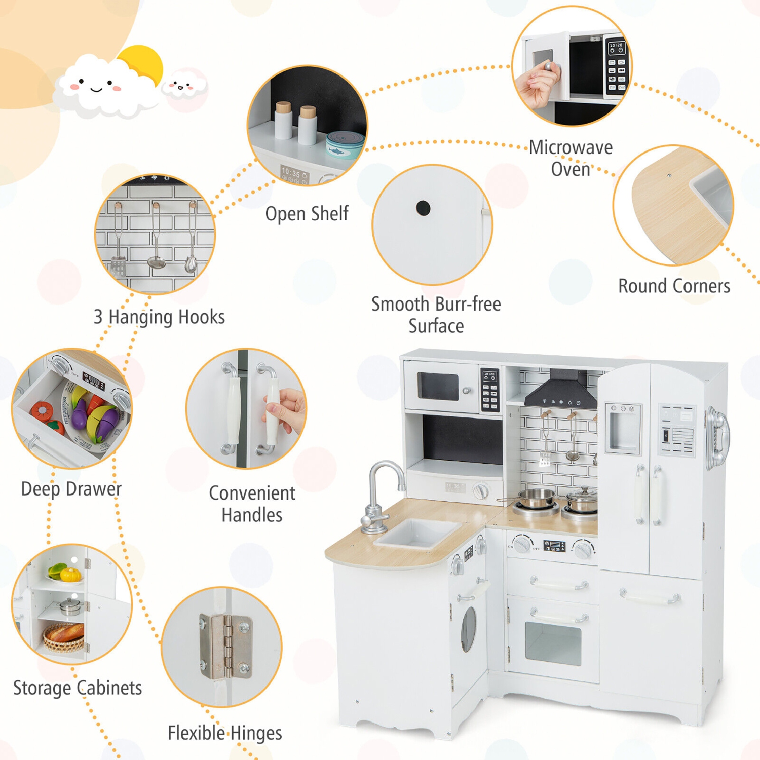 Gymax Kid's Corner Kitchen Playset Wooden Chef Play w/ Stove Utensils & Refrigerator