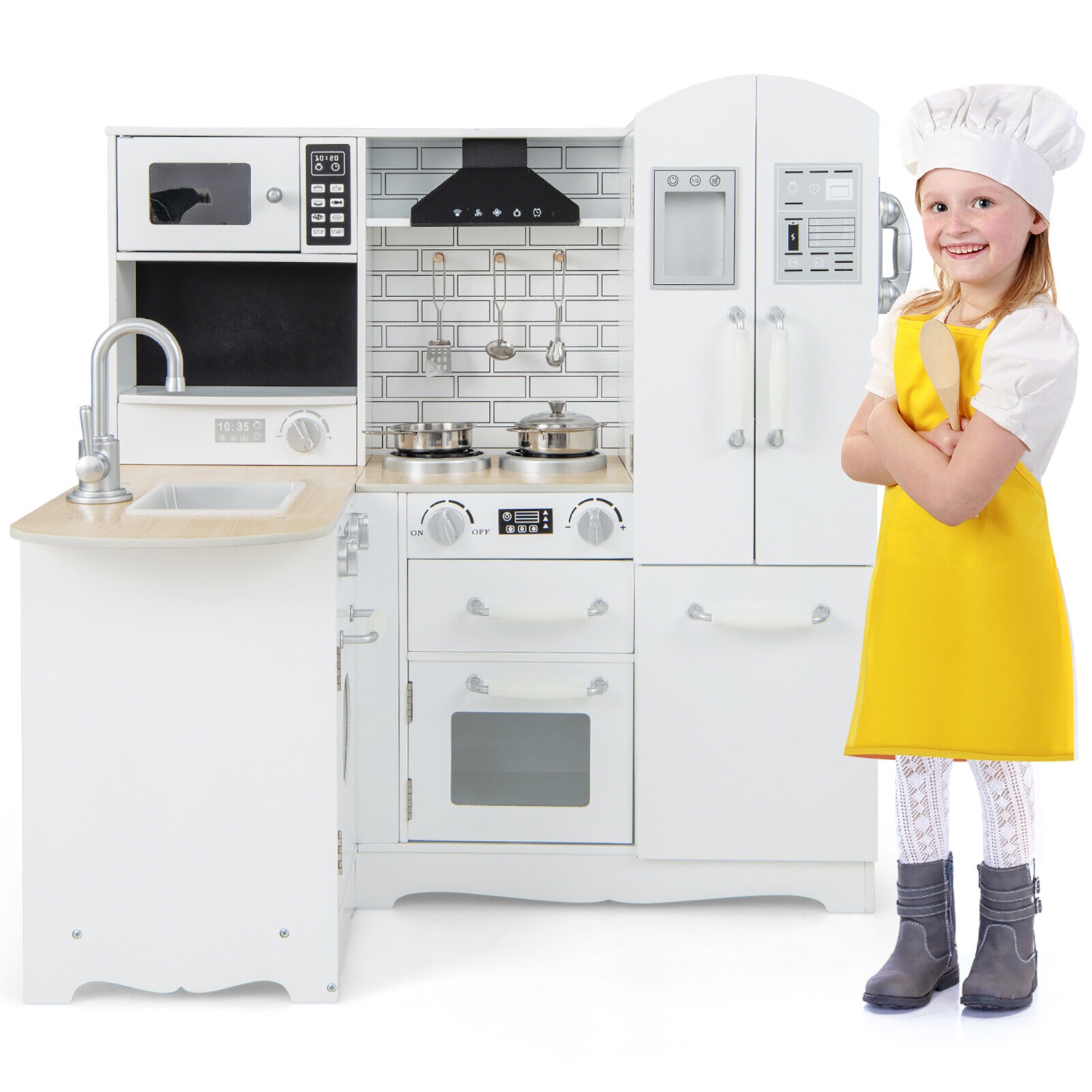 Gymax Kid's Corner Kitchen Playset Wooden Chef Play w/ Stove Utensils & Refrigerator