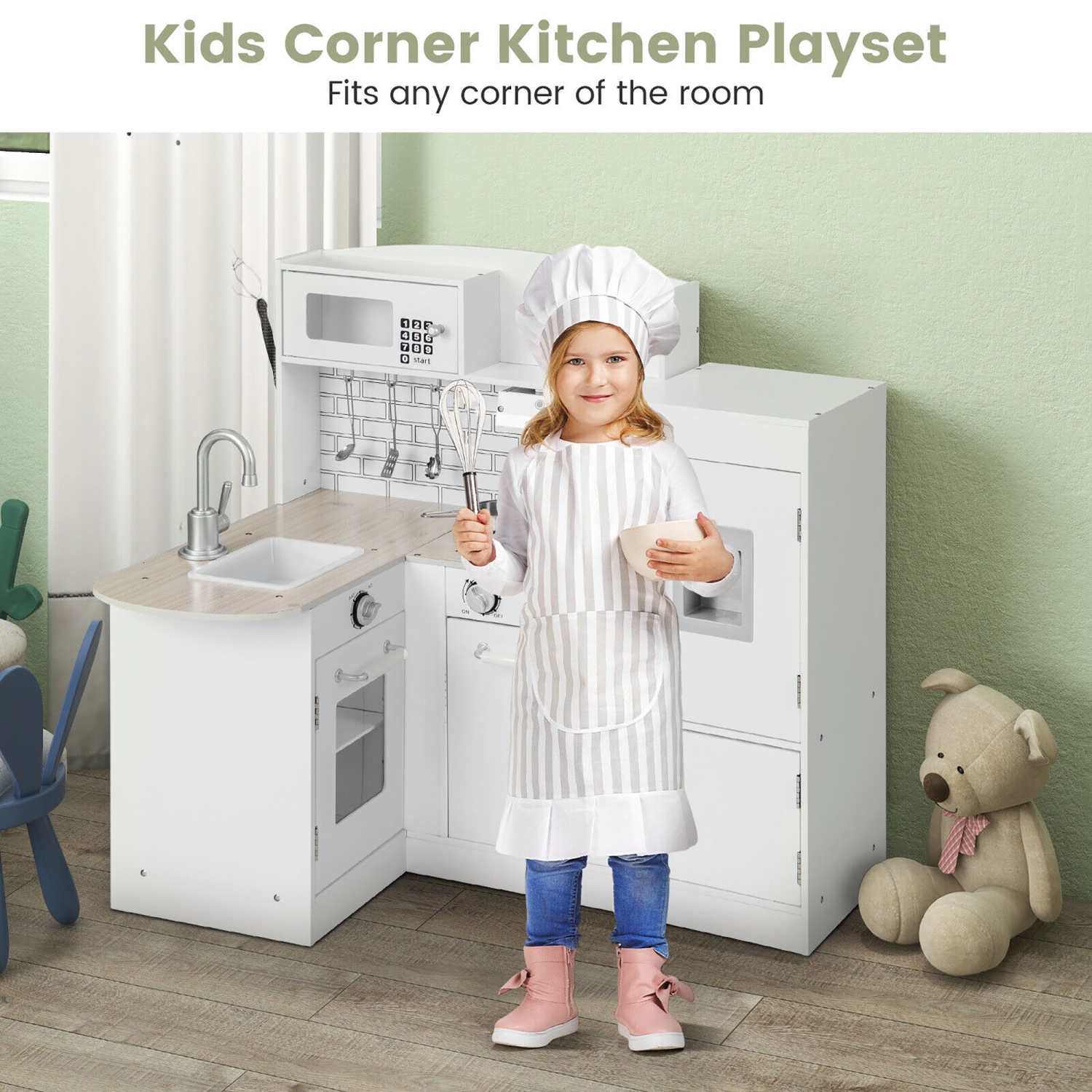 Gymax Kid's Corner Kitchen Playset Wooden Chef Play w/ Sink Stove Range Hood Utensils