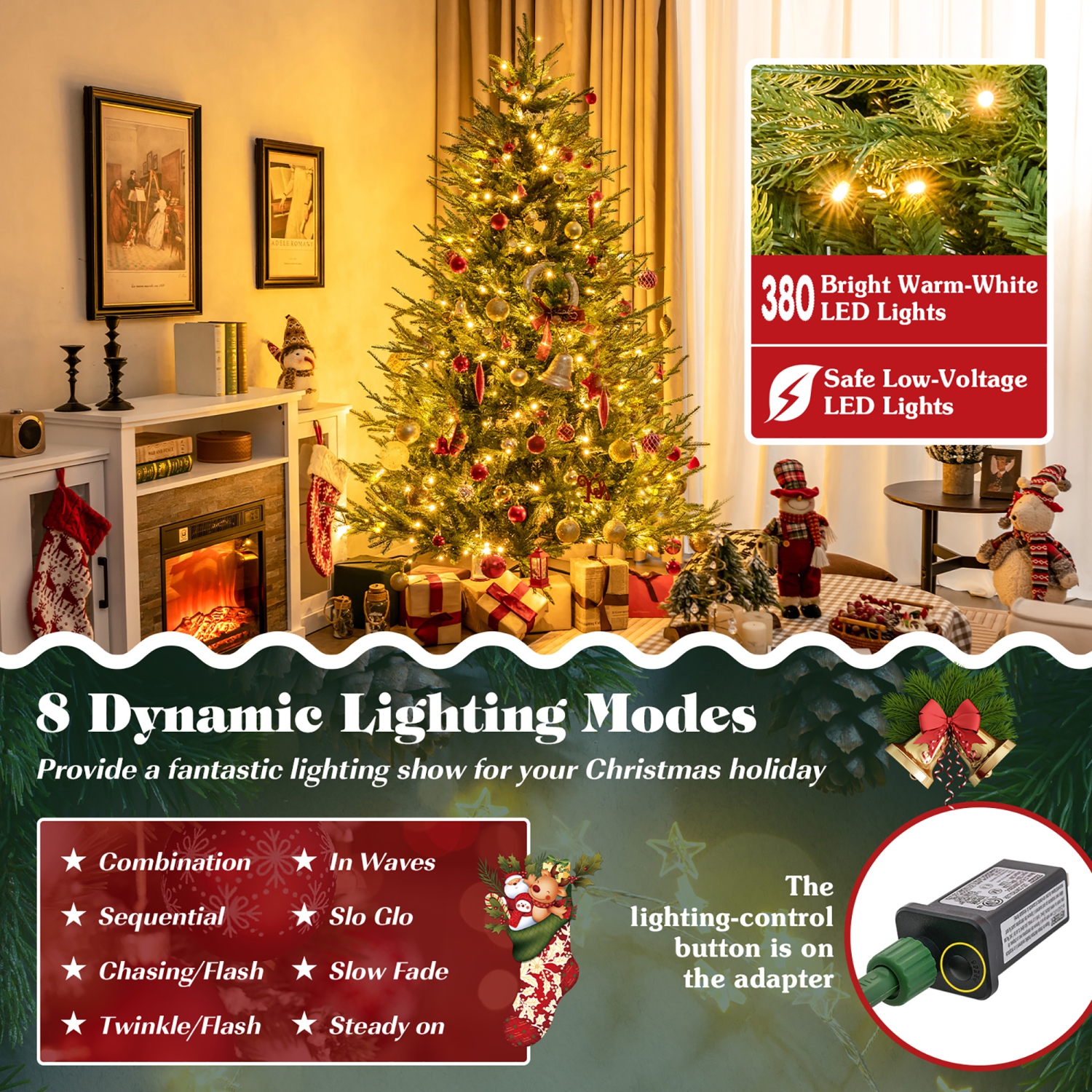 Gymax 7 ft pre-lit artificial Christmas tree artificial hinged Christmas tree w/ 380 LED lights & 1130 Branch Tips