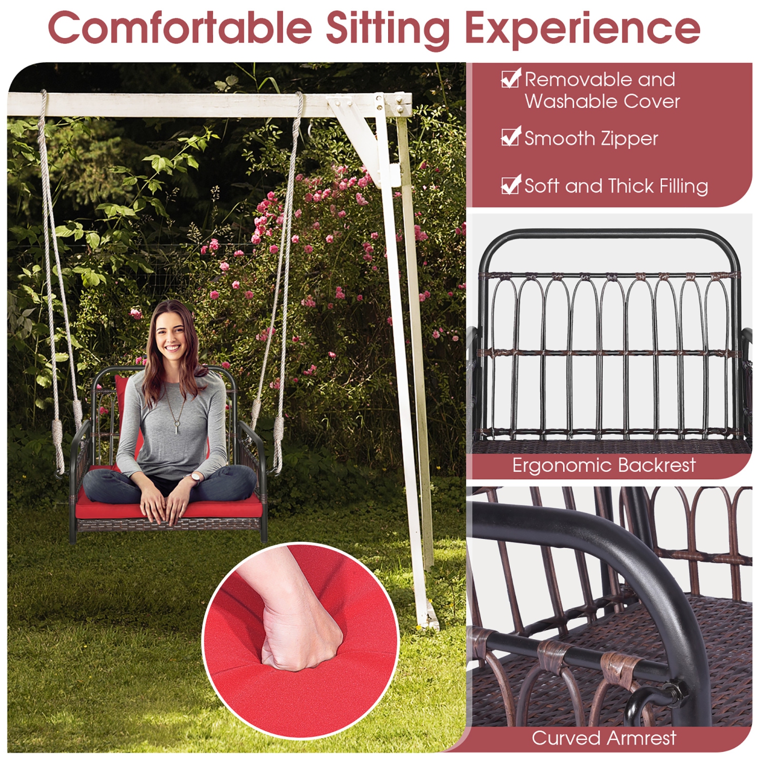 Gymax Single Person Hanging Swing Outdoor Hanging Seat w/ Back Cushion & Seat Cushion