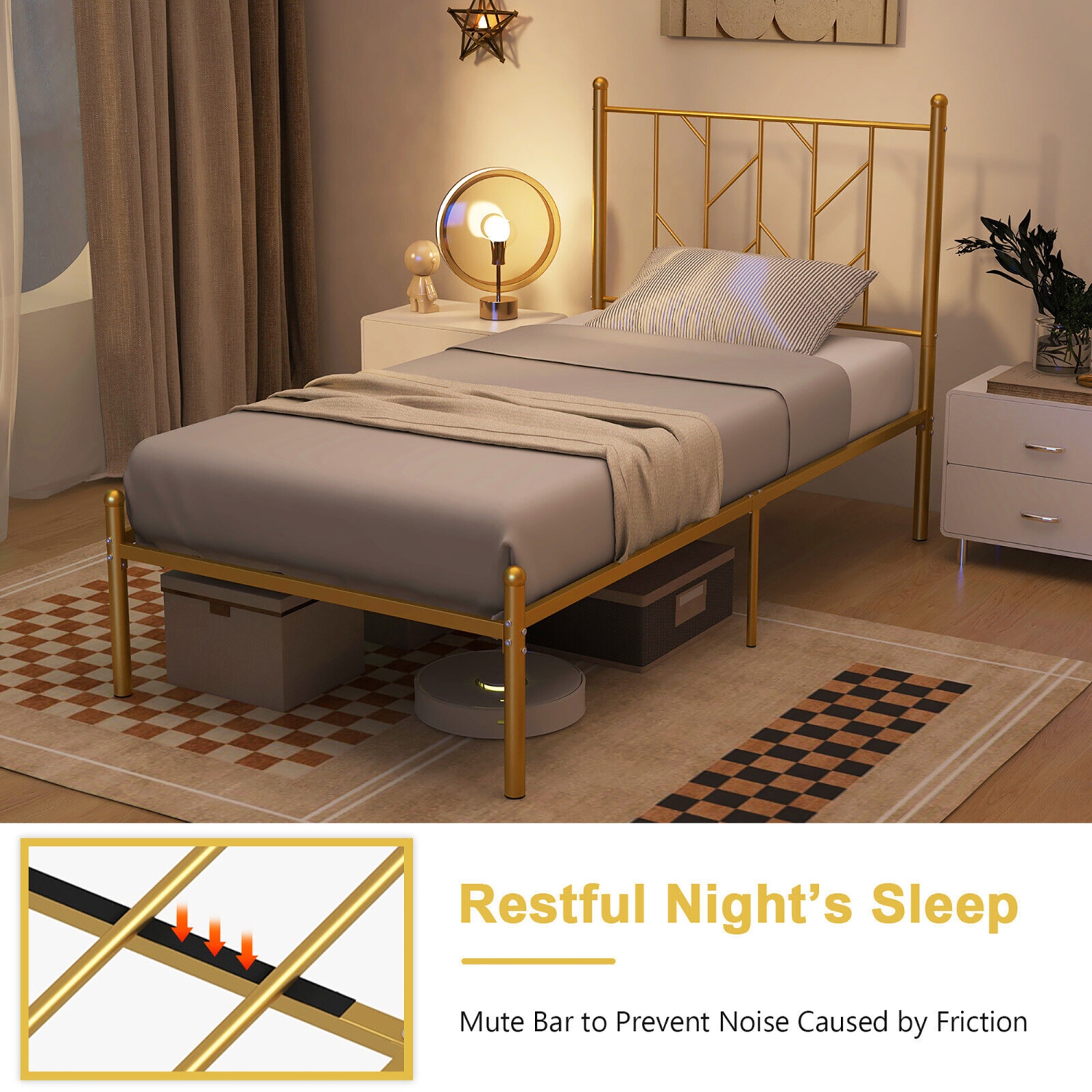 Gymax Twin Size Platform Bed Frame Heavy-duty Metal Bed Frame w/Sturdy Metal Slat Support Gold