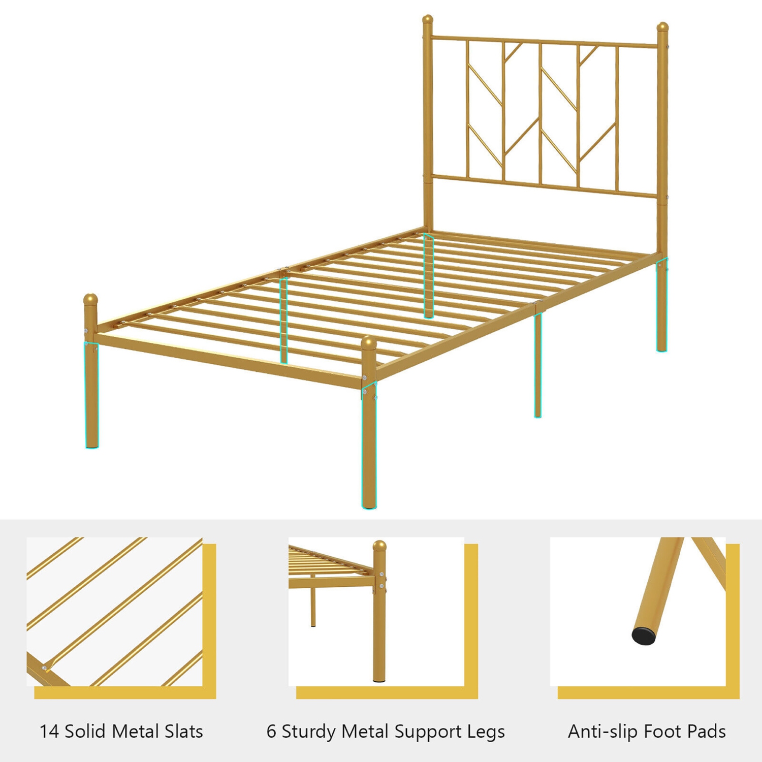 Gymax Twin Size Platform Bed Frame Heavy-duty Metal Bed Frame w/Sturdy Metal Slat Support Gold