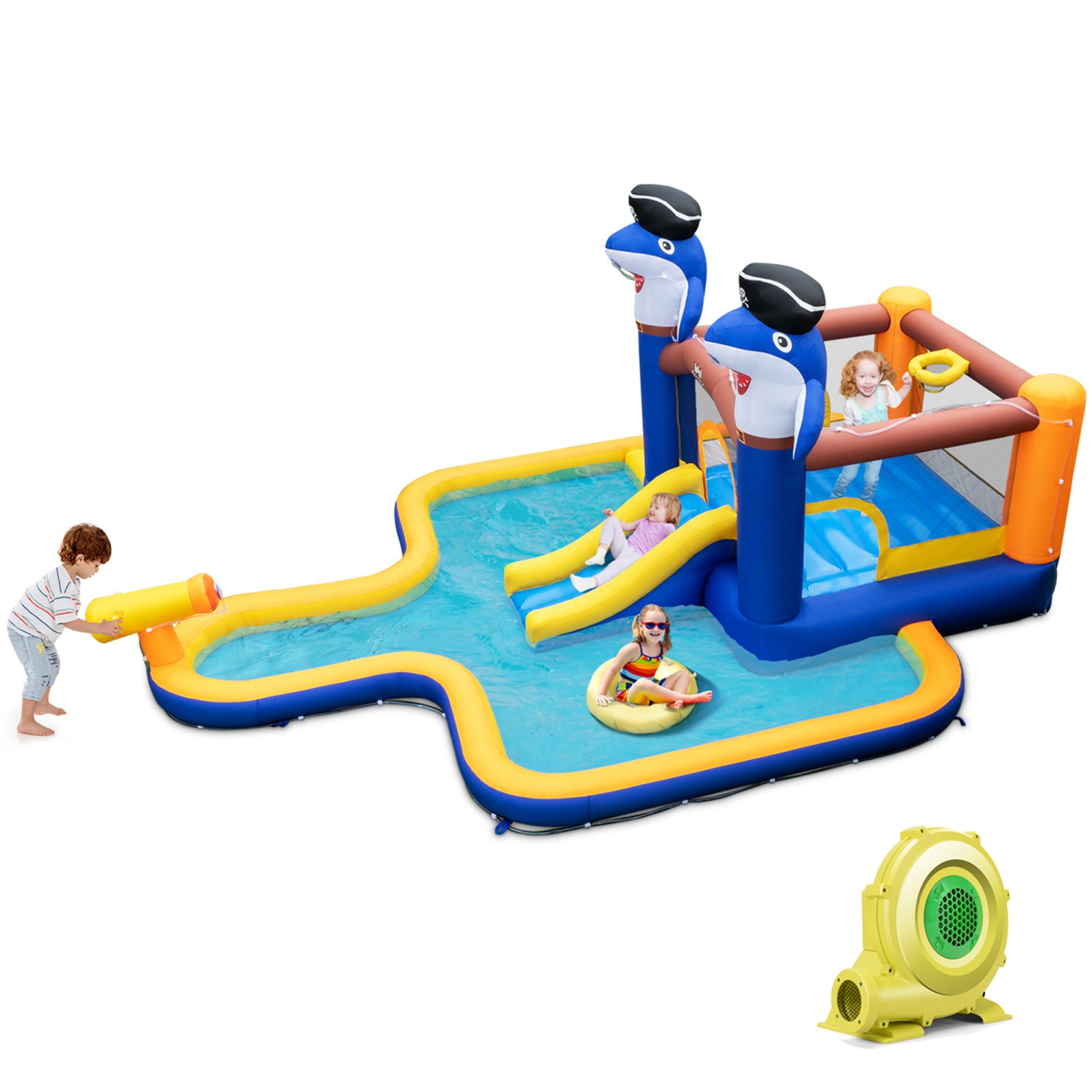 Jouet gonflable en forme de glissade d'eau pour la piscine Splash House avec ventilateur 735&nbsp;W de Costway