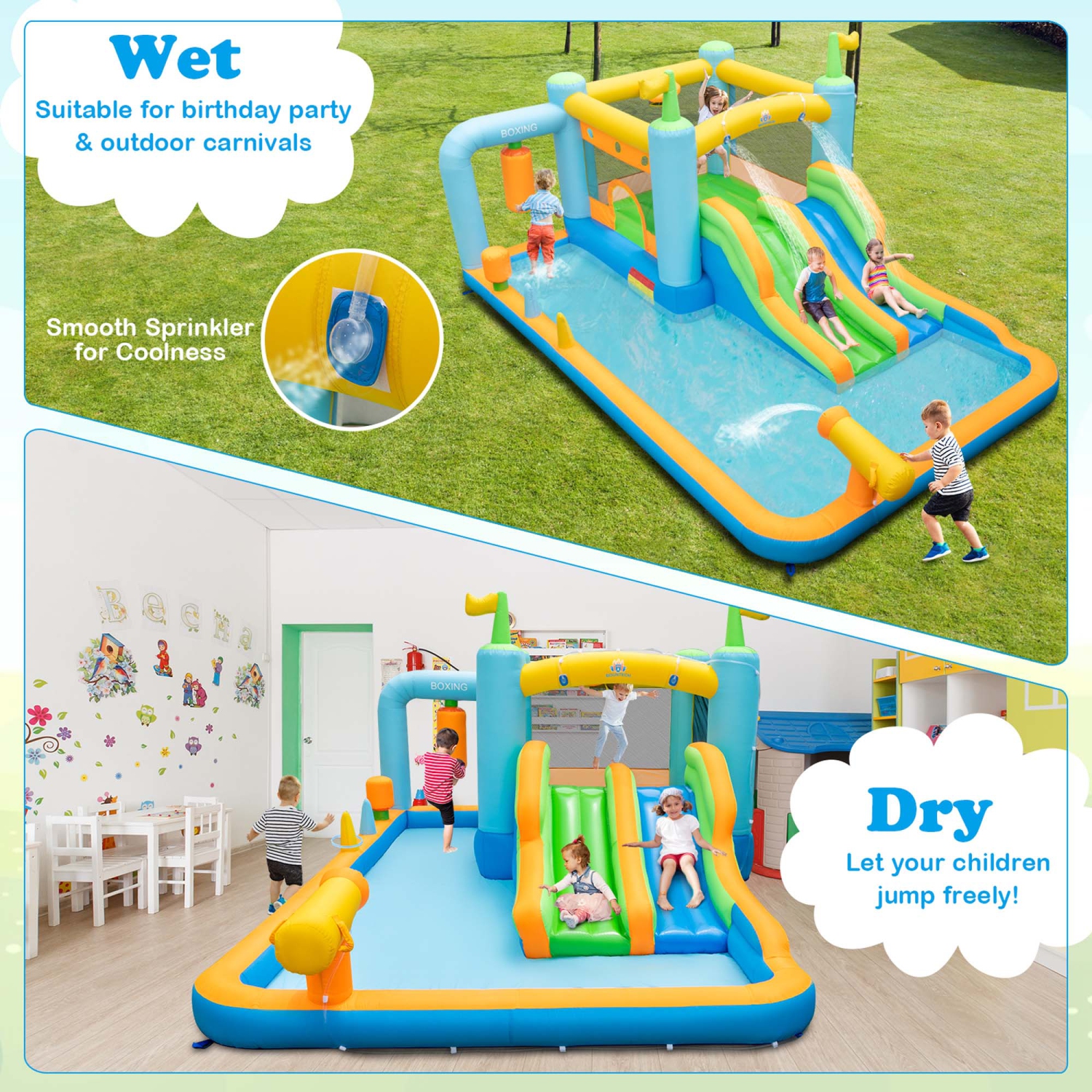Piscine gonflable géante à glissade d'eau pour enfants Bounce House Park Splash avec ventilateur 680&nbsp;W de Costway