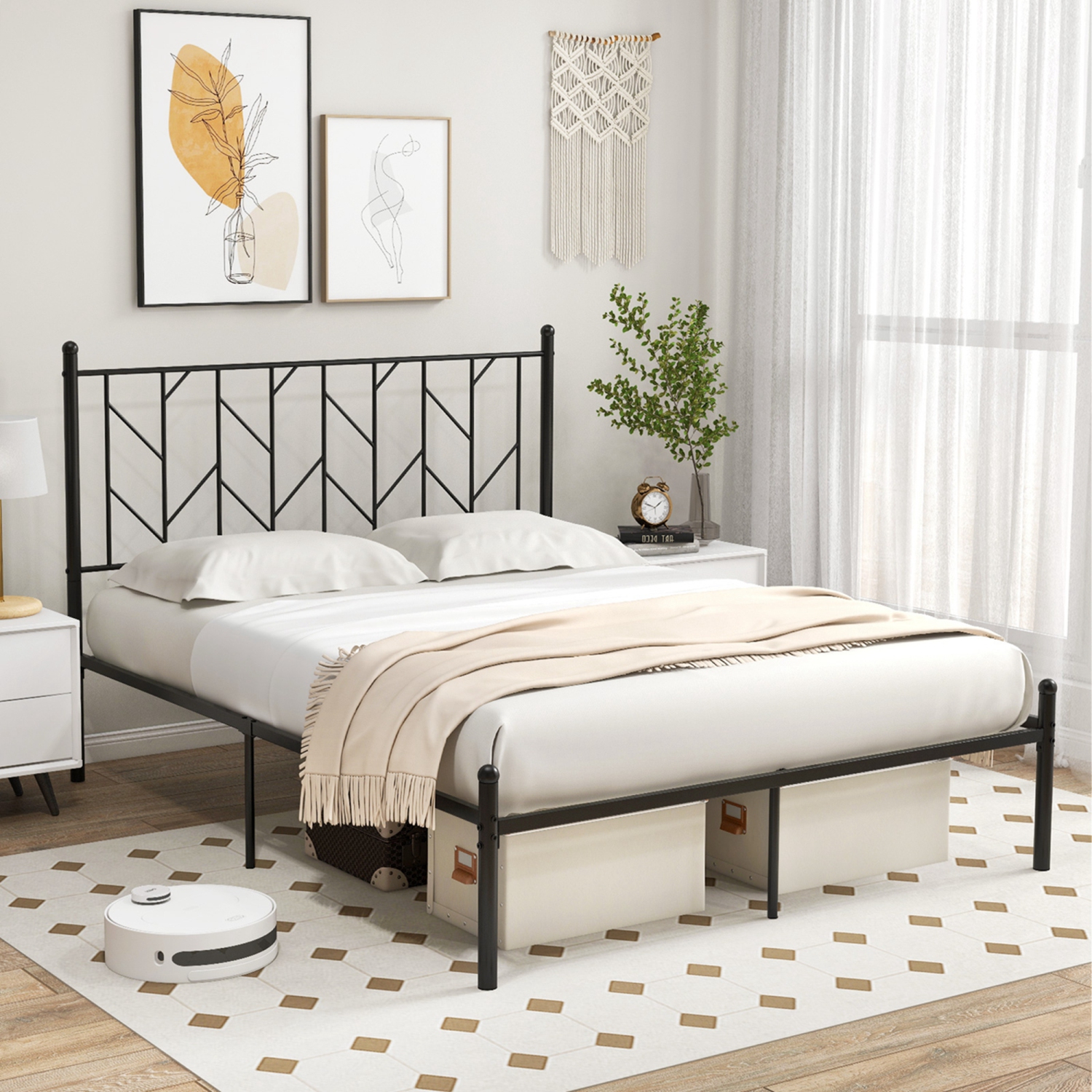 Costway Metal Platform Bed Frame Vintage Headboard Mattress Foundation Black