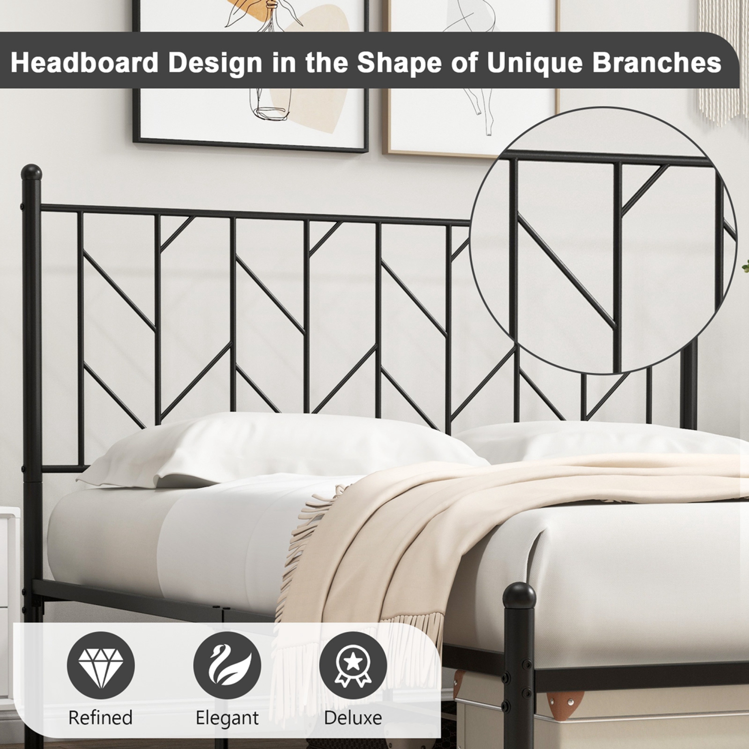 Costway Metal Platform Bed Frame Vintage Headboard Mattress Foundation Black