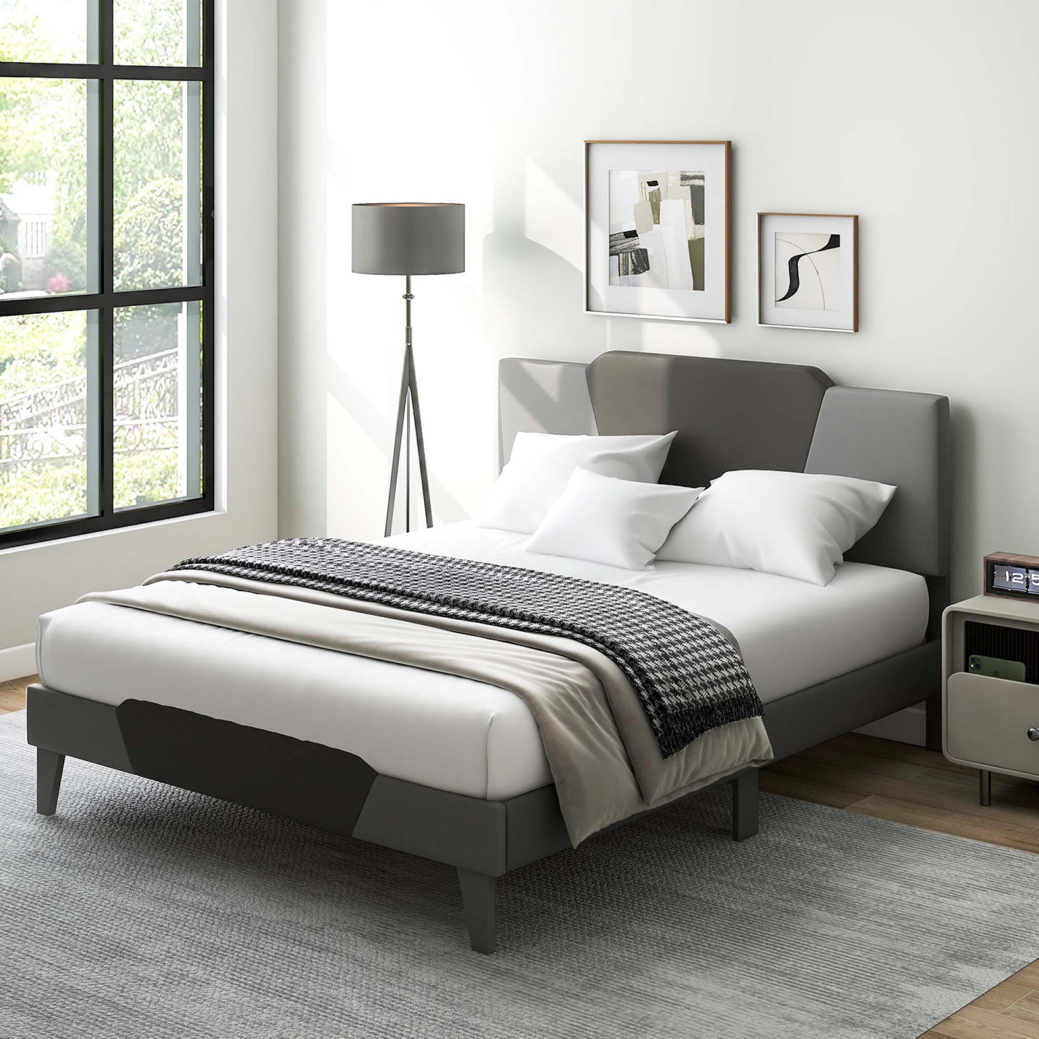 Costway Upholstered Platform Bed Frame Velvet Headboard Mattress Foundation