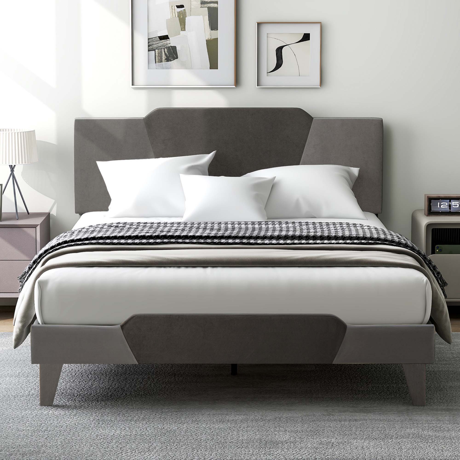 Costway Upholstered Platform Bed Frame Velvet Headboard Mattress Foundation