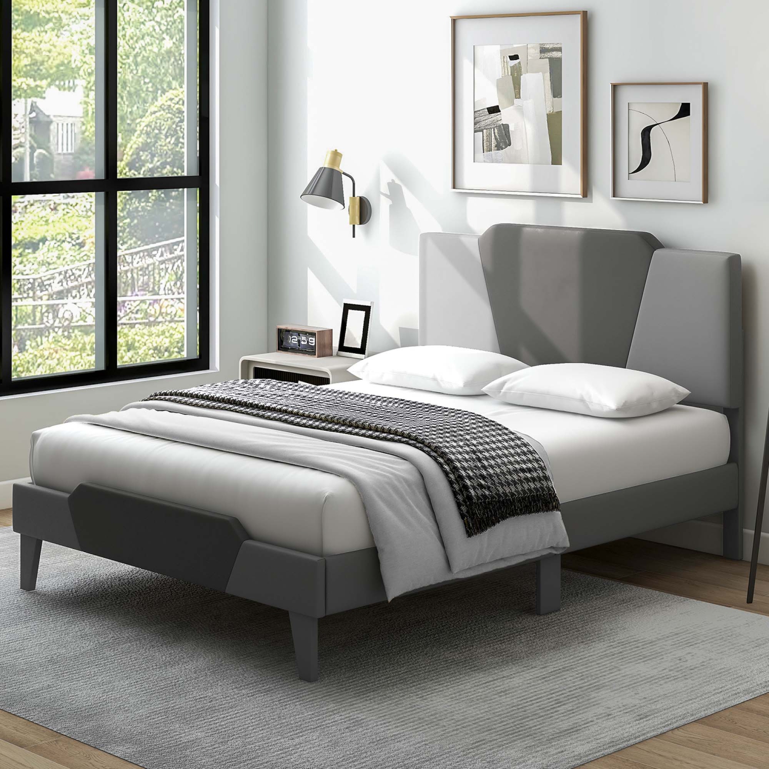 Costway Upholstered Platform Bed Frame Velvet Headboard Mattress Foundation