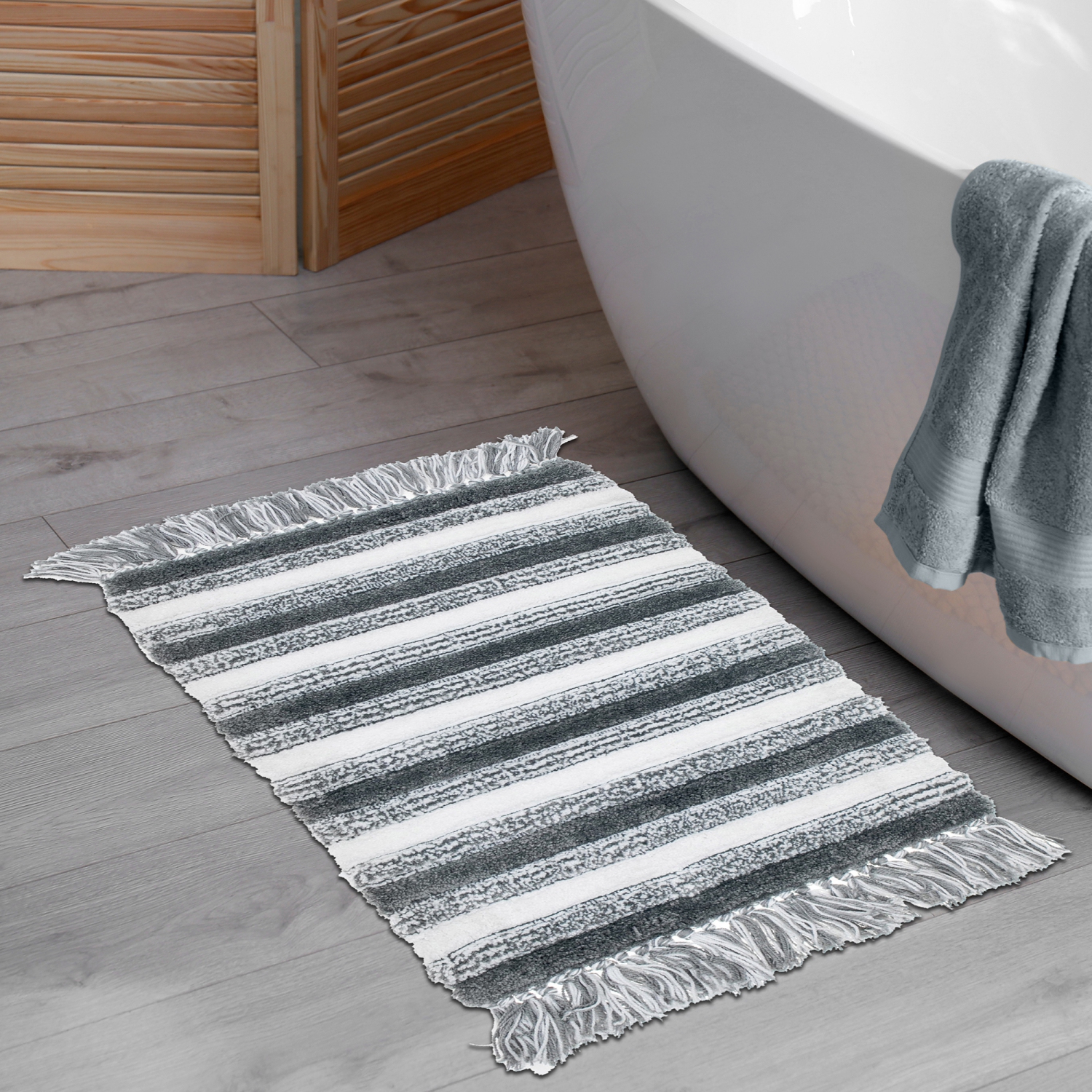 Maison Concepts Microfibre Striped Bath Mat With Fringe Gray 20X32