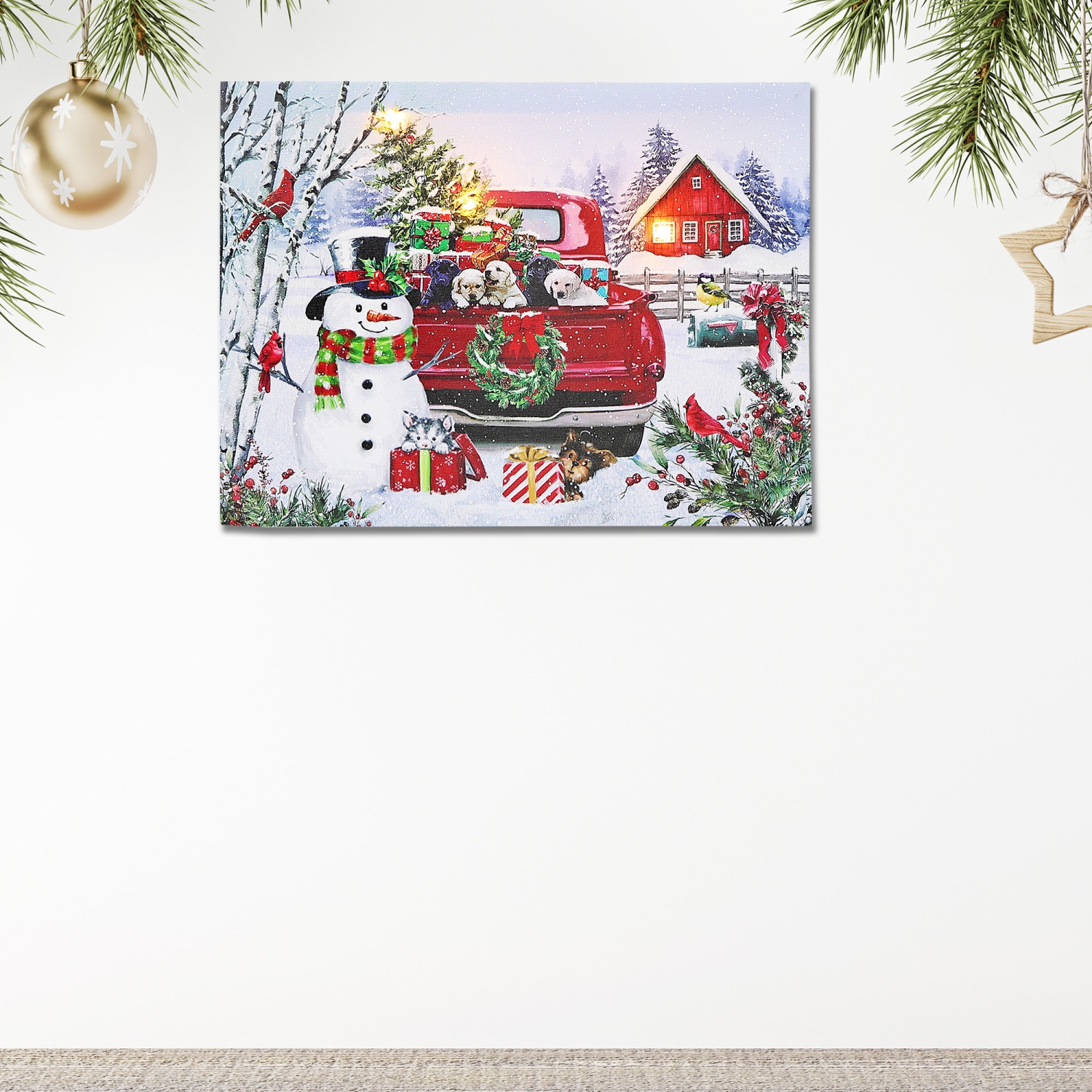 Maison concepts Christmas LED Canvas, camion artistique mural plein de chiots 12 x 16