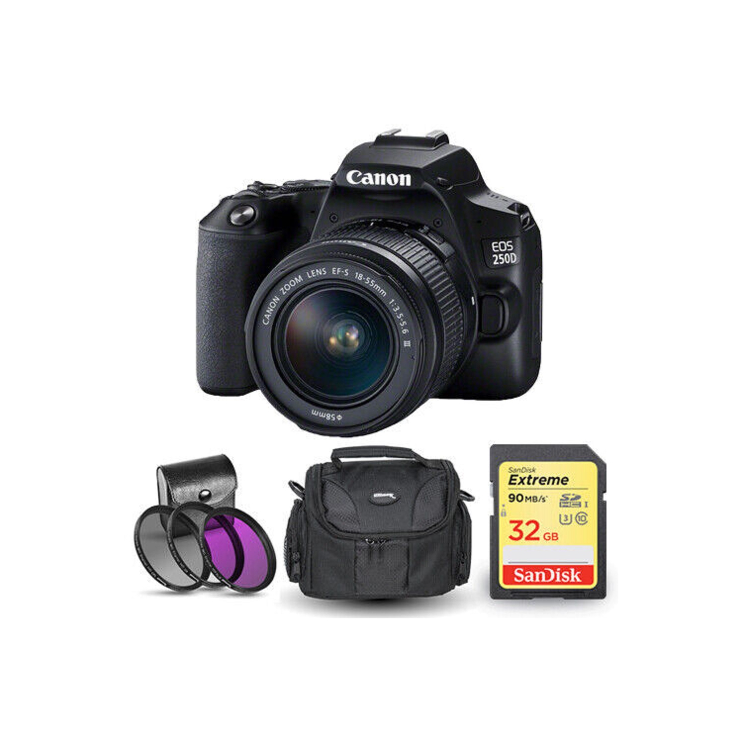 Canon EOS 250D/Rebel SL3 with 18-55mm III Lens + 32GB Case Filter Kit Bundle