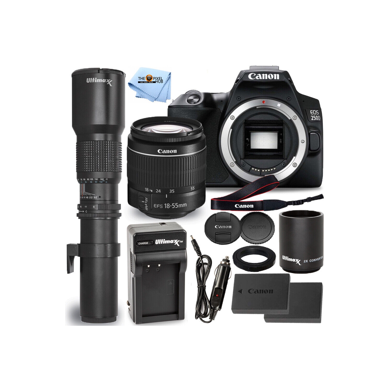 Canon EOS 250D/Rebel SL3 with 18-55mm III + 500mm/1000mm Lens + EXT BATT Bundle
