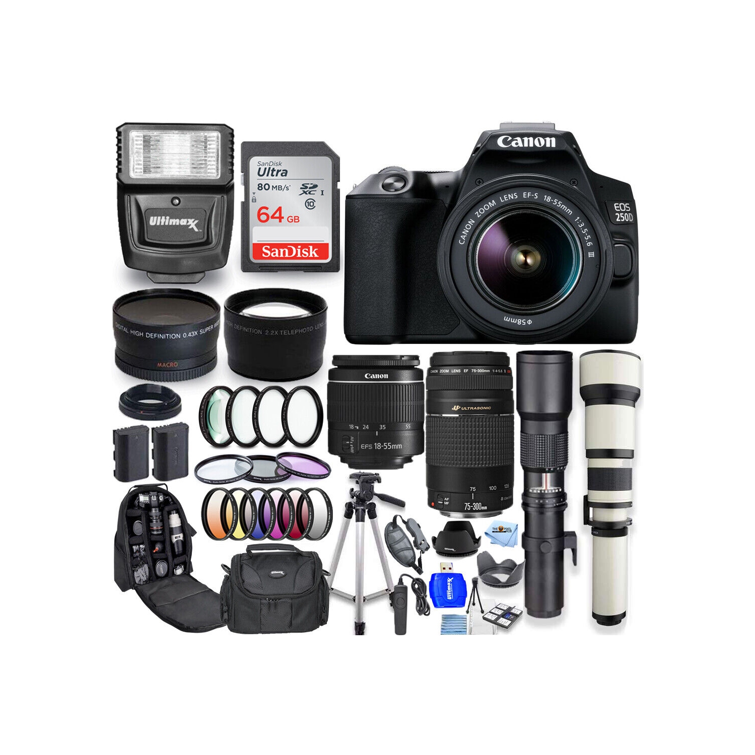 Canon EOS 250D/Rebel SL3 18-55mm + 75-300mm + 500mm + 650-1300mm 64GB Bundle