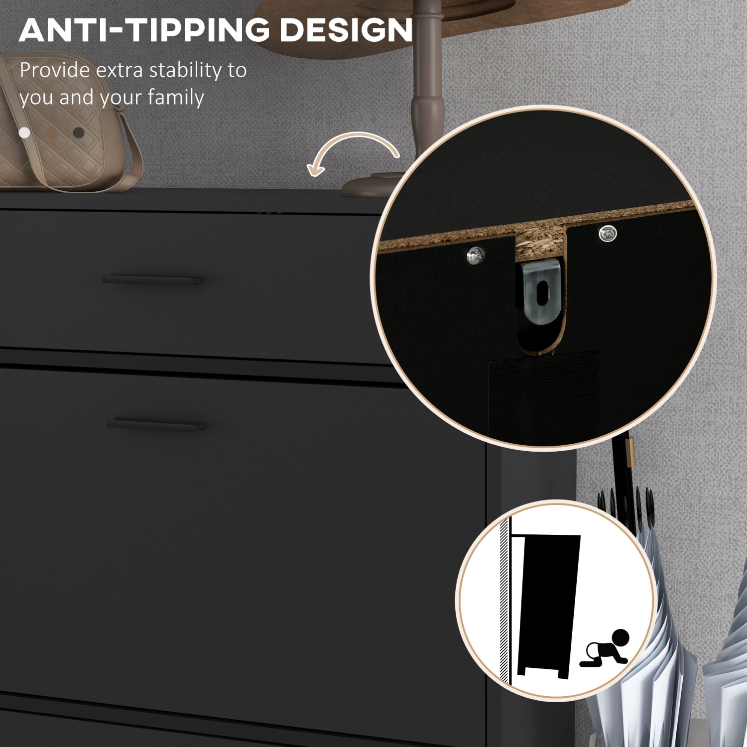 HOMCOM – Armoire à chaussures moderne avec 2 portes rabattables, tiroir et tablette réglable, 12 paires de chaussures pour entrée, couloir, noir