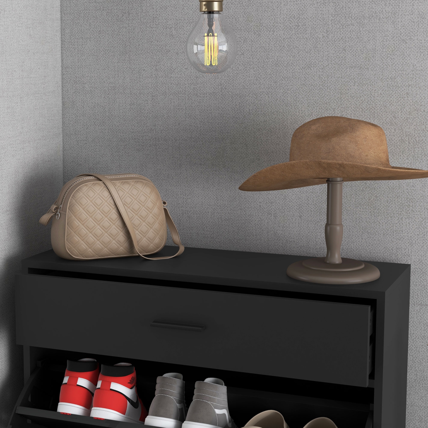 HOMCOM – Armoire à chaussures moderne avec 2 portes rabattables, tiroir et tablette réglable, 12 paires de chaussures pour entrée, couloir, noir