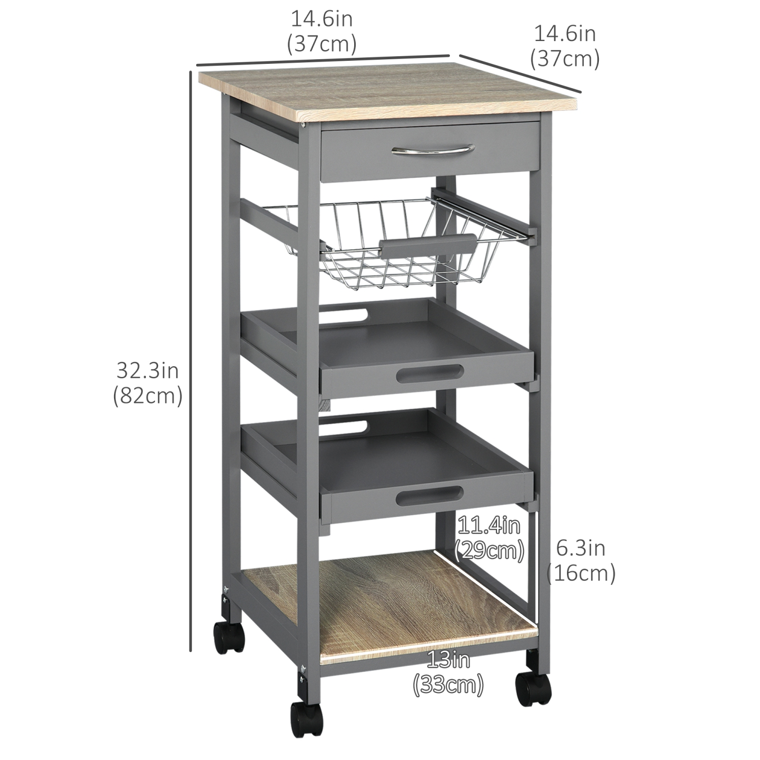 HOMCOM Bar Cart, 5-Tier Kitchen Cart with Removable Serving Tray, Rolling Coffee Cart on Wheels with Drawer and Wire Basket for Dining Room, Living