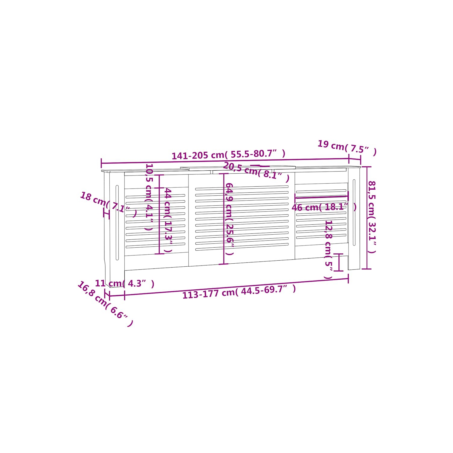vidaXL Radiator Cover with Top Shelf, Hide Cluttered Pipes, MDF, 55.5-80.7''x7.5''x32.1'', Black
