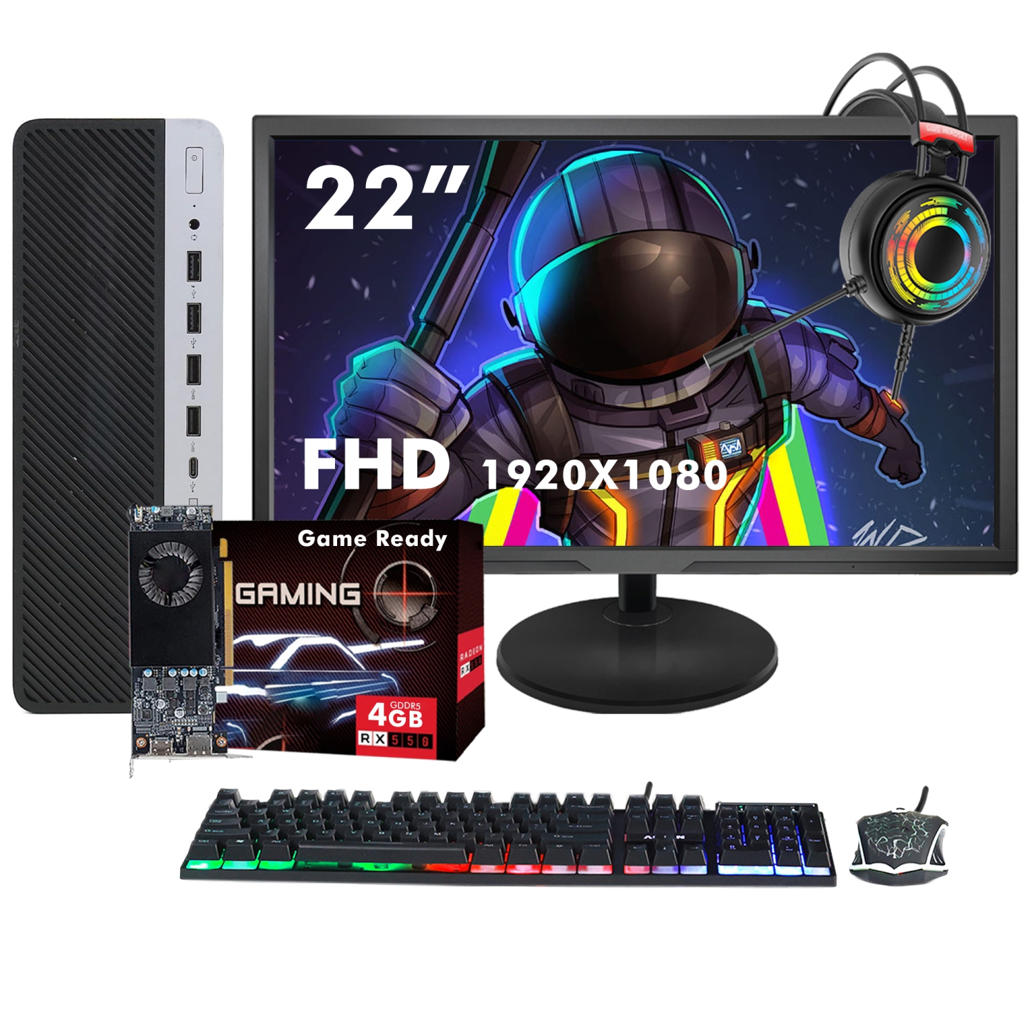 Refurbished (Good) HP ProDesk 600 G3 SFF Desktop - New 22-inch FHD Monitor, Intel Core i5-6th Gen, 16GB RAM, 512GB SSD, RX 550, Win 10 Pro, Gaming Headset - Gaming PC