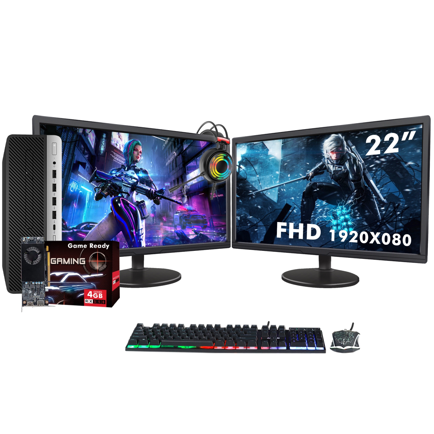 Refurbished HP ProDesk 600 G3 SFF Desktop - New Dual 22-inch FHD Monitor, Intel Core i7-6th Gen, 16GB RAM, 512GB SSD, RX 550, Win 10 Pro, Gaming