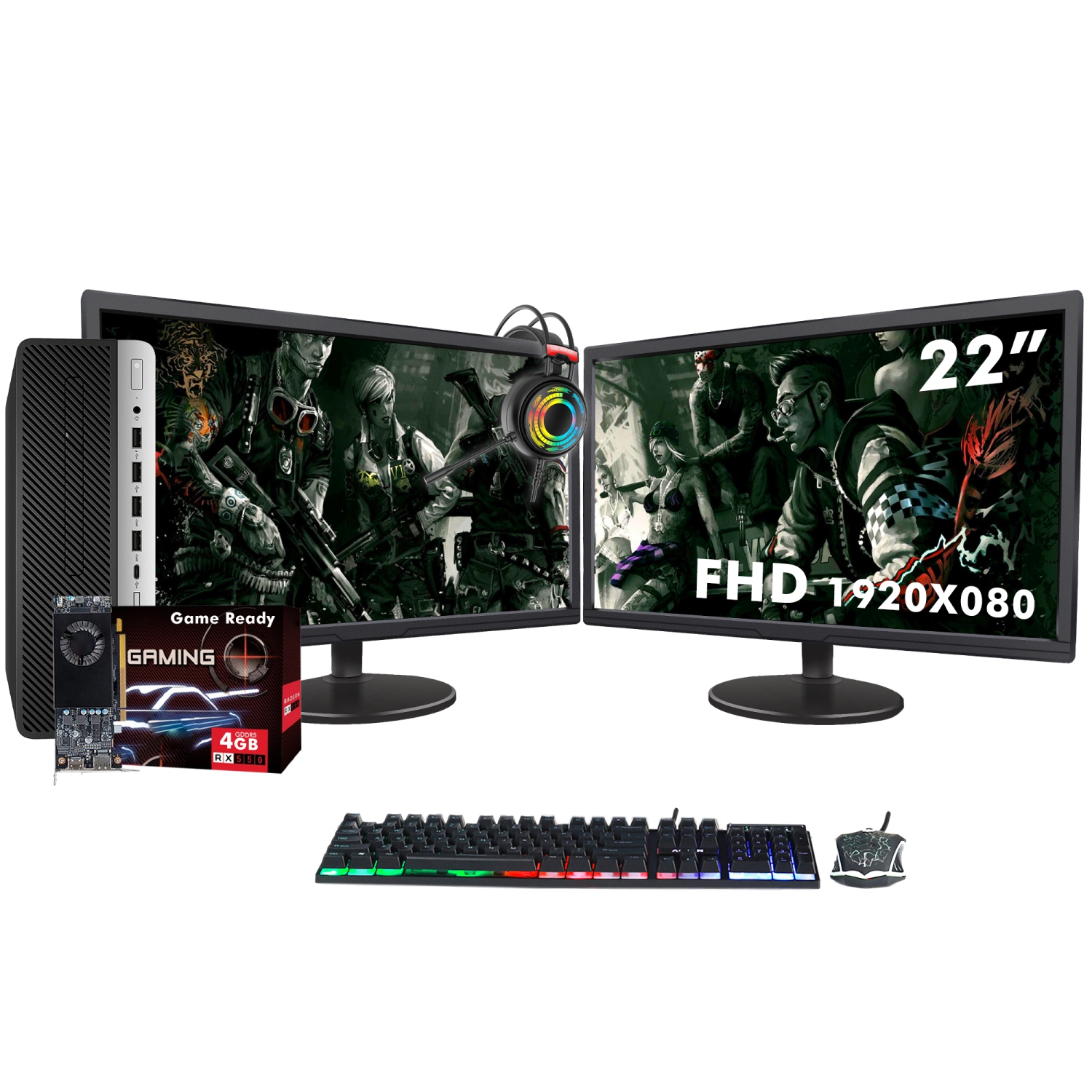 Refurbished HP ProDesk 600 G3 SFF Desktop - New Dual 22-inch FHD Monitor, Intel Core i7-6th Gen, 32GB RAM, 512GB SSD, RX 550, Win 10 Pro, Gaming