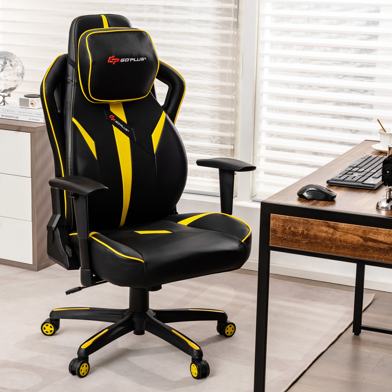 Goplus Gaming Chair 360° Swivel Computer Reclining Height Adjustable 2D Armrest Yellow