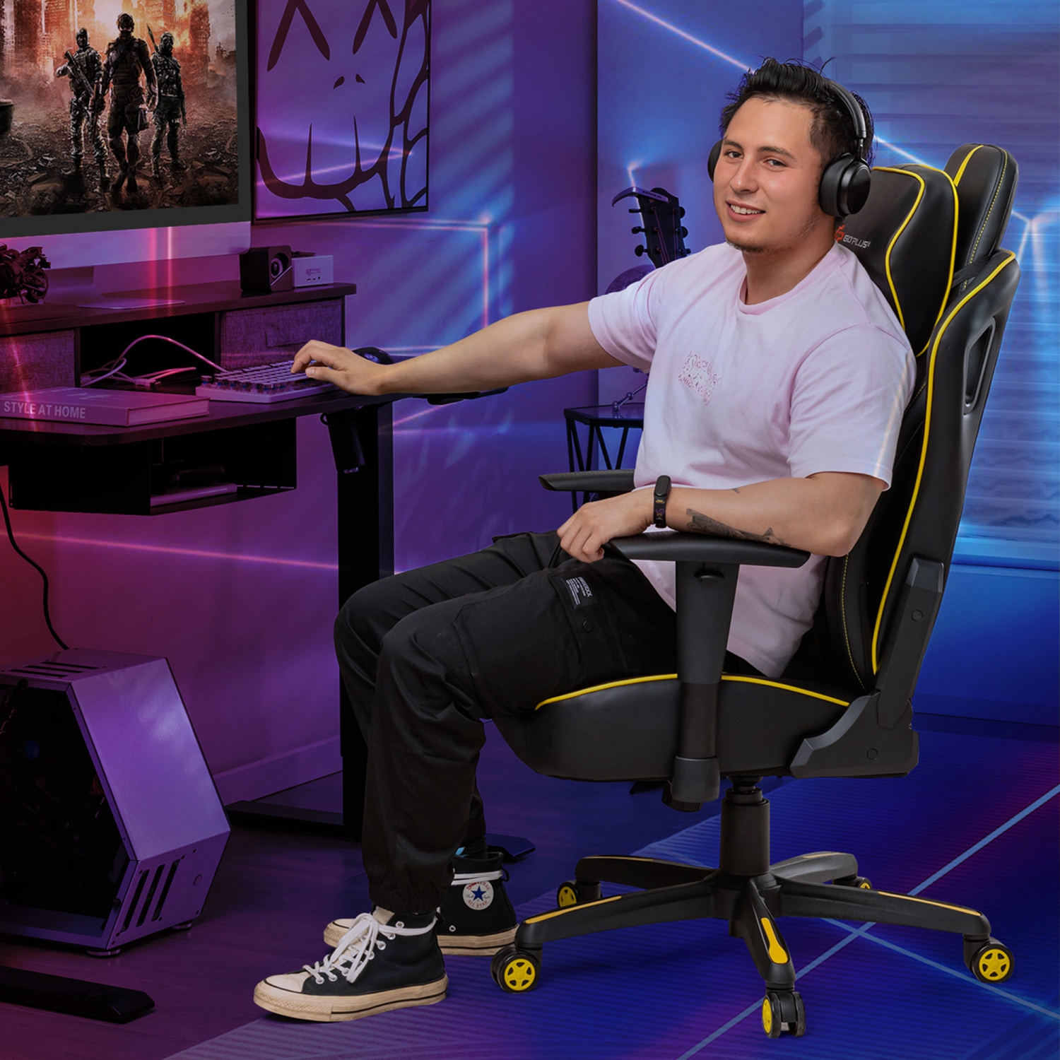 Goplus Gaming Chair 360° Swivel Computer Reclining Height Adjustable 2D Armrest Yellow