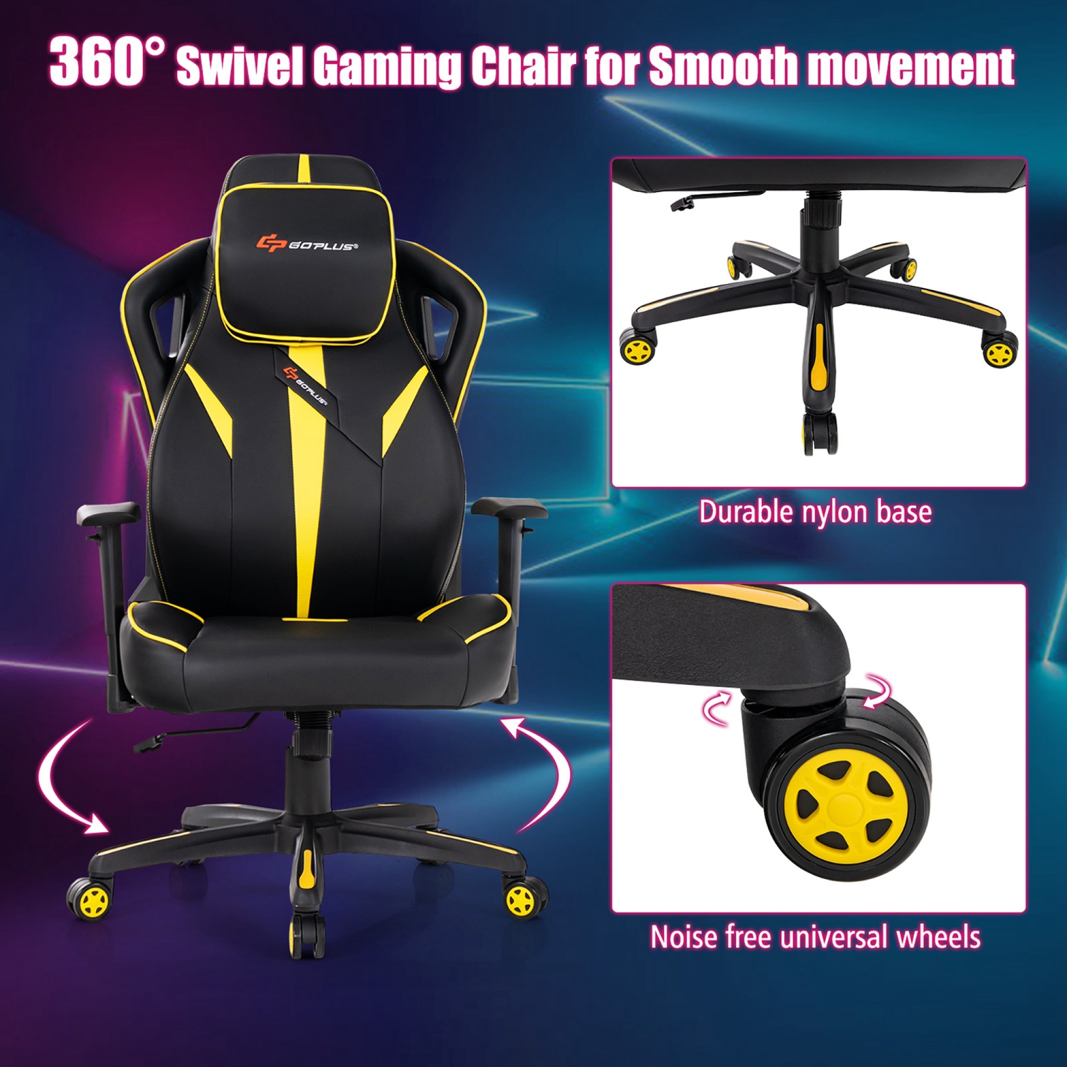 Goplus Gaming Chair 360° Swivel Computer Reclining Height Adjustable 2D Armrest Yellow
