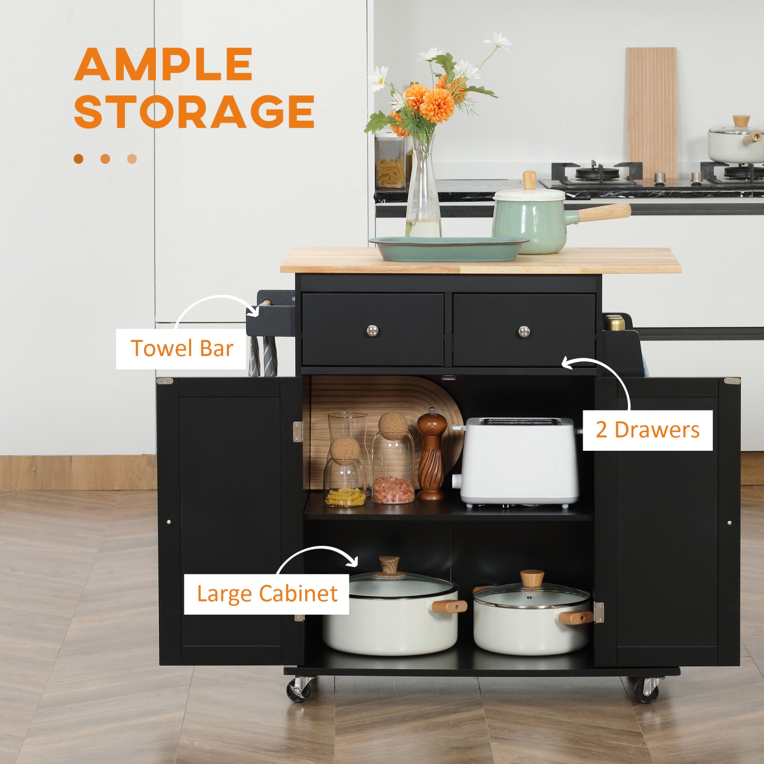 HOMCOM – Chariot de rangement à roulettes pour îlot de cuisine avec dessus en bois de caoutchouc, support à épices à 3 niveaux, porte-serviettes pour