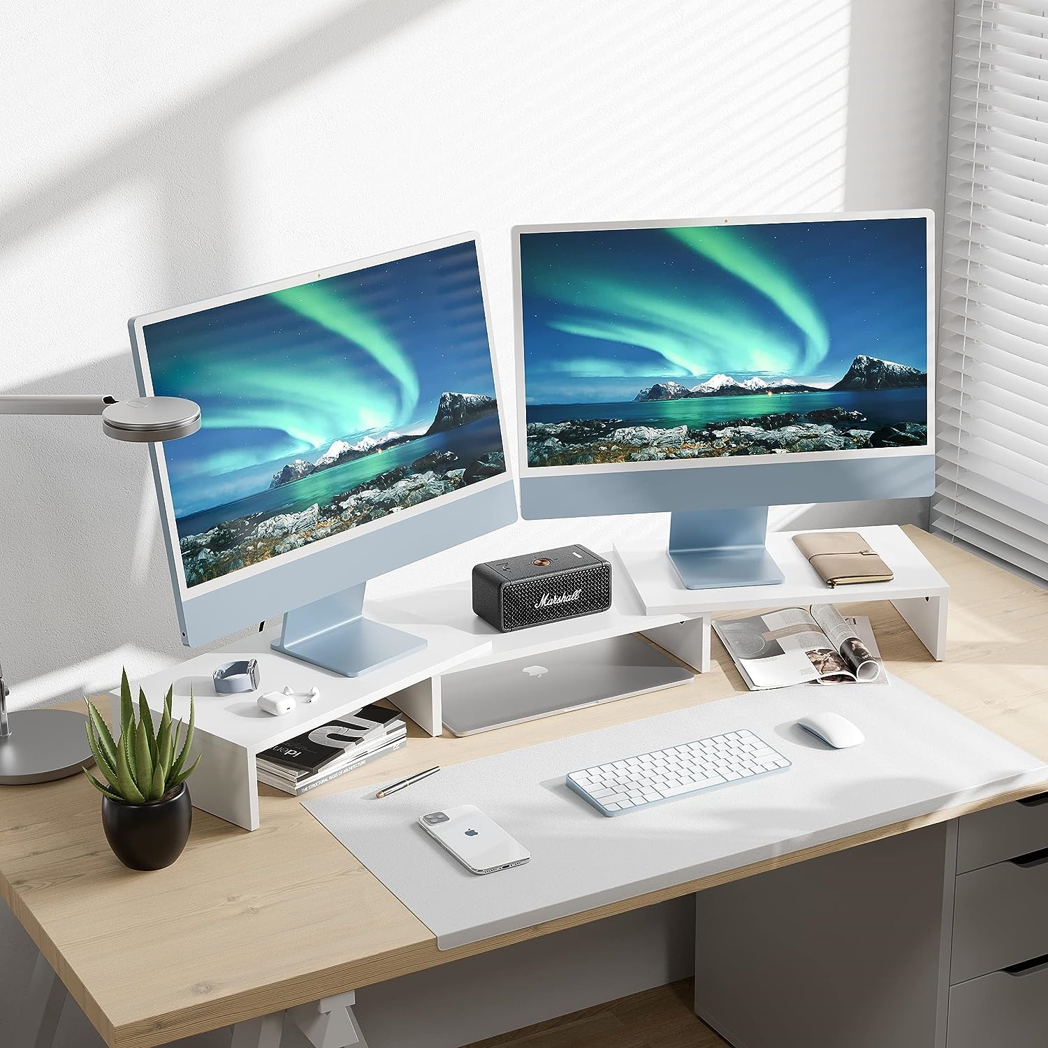 NIERBO Dual Monitor Stand - 3 Shelf Computer Monitor Riser, Wood Desktop Stand with Adjustable Length and Angle, Desk Accessories, Office Supplies