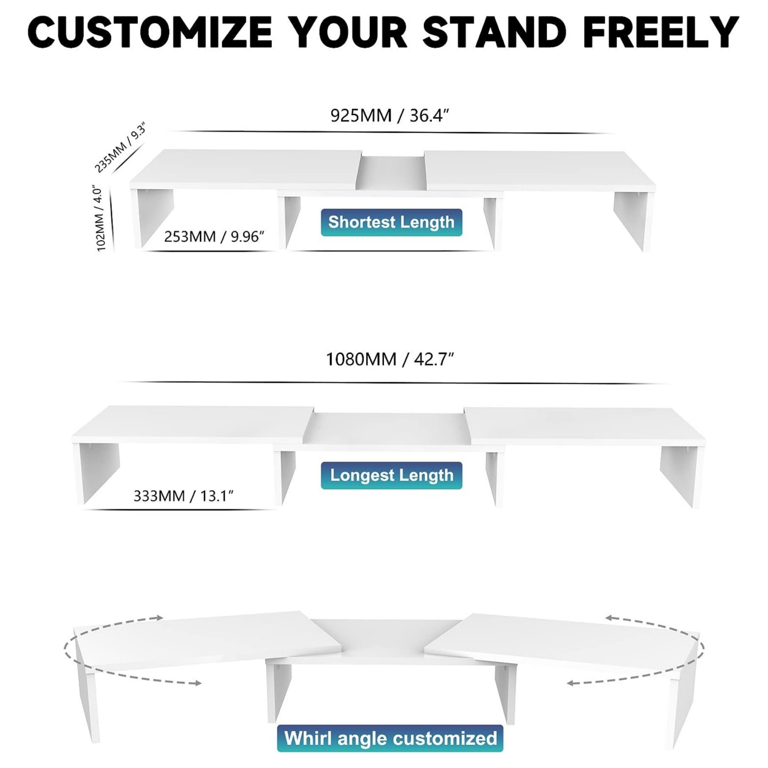 NIERBO Dual Monitor Stand - 3 Shelf Computer Monitor Riser, Wood Desktop Stand with Adjustable Length and Angle, Desk Accessories, Office Supplies
