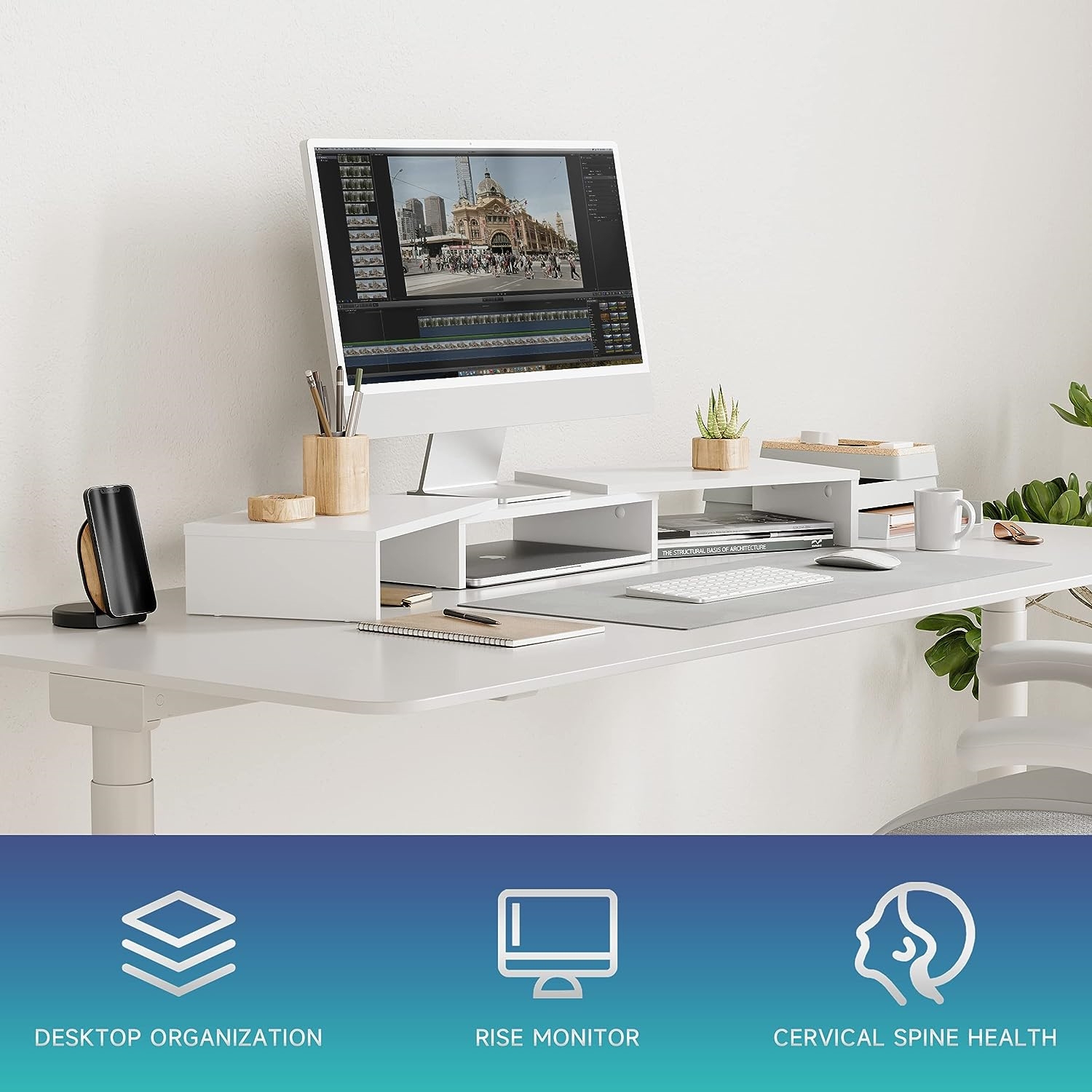 NIERBO Dual Monitor Stand - 3 Shelf Computer Monitor Riser, Wood Desktop Stand with Adjustable Length and Angle, Desk Accessories, Office Supplies