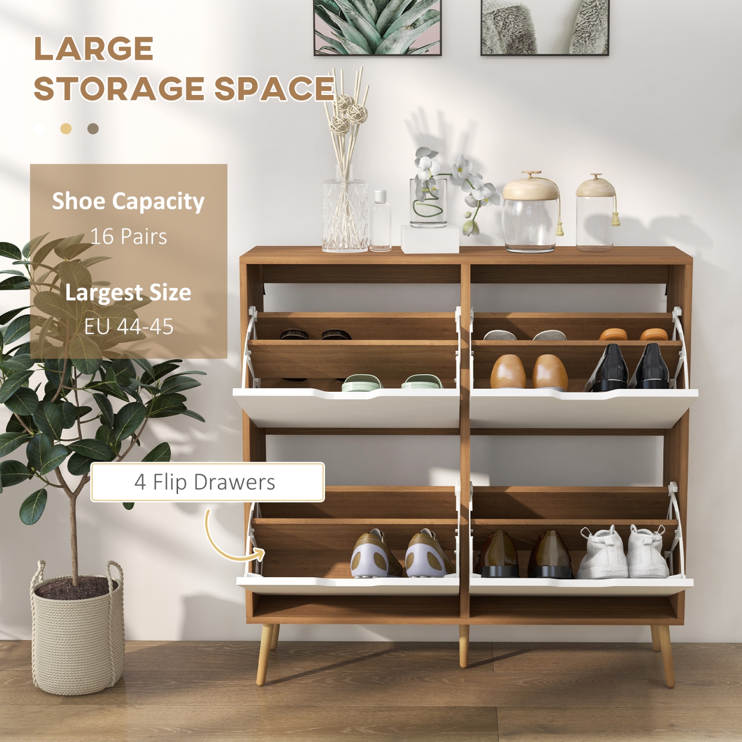 HOMCOM Shoe Cabinet with 4 Flip Drawers and Adjustable Shelf, Shoe Storage Cabinet for Entryway, Hallway, Holds 8-16 Pairs of Shoes, Natural