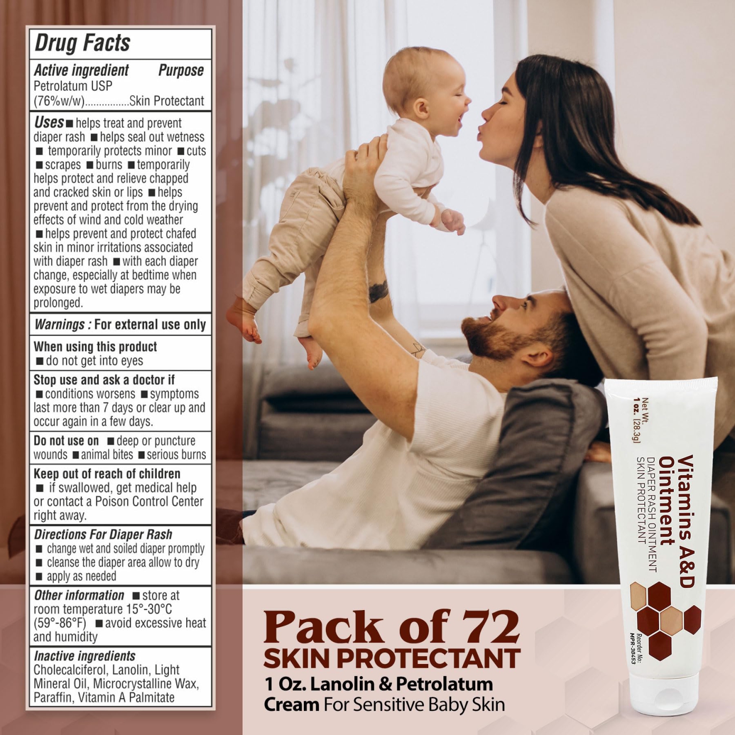 MEDca Vitamin A & D Diaper Rash Ointment- Protectant Cream For Sensitive Baby Skin - Lanolin & Petrolatum Formula, Dry-Cracked Hands/Feet/Face Skin,